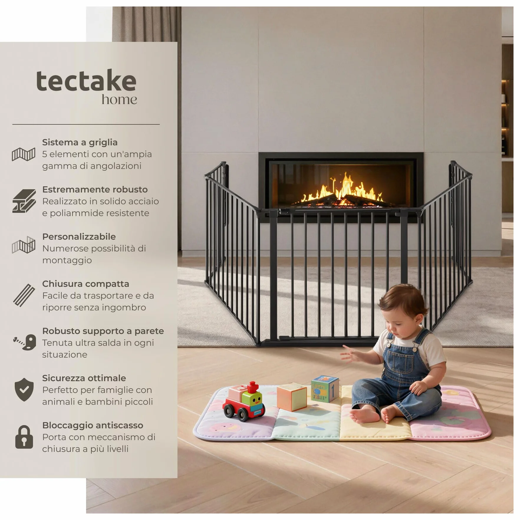 tectake®, Barriera Protettiva per Camino per Bambini, 290 cm, Sistema di Chiusura a Livelli, Costruzione Robusta in Acciaio, Modulare e Flessibile, Cancelletto per Scale e Corridoi