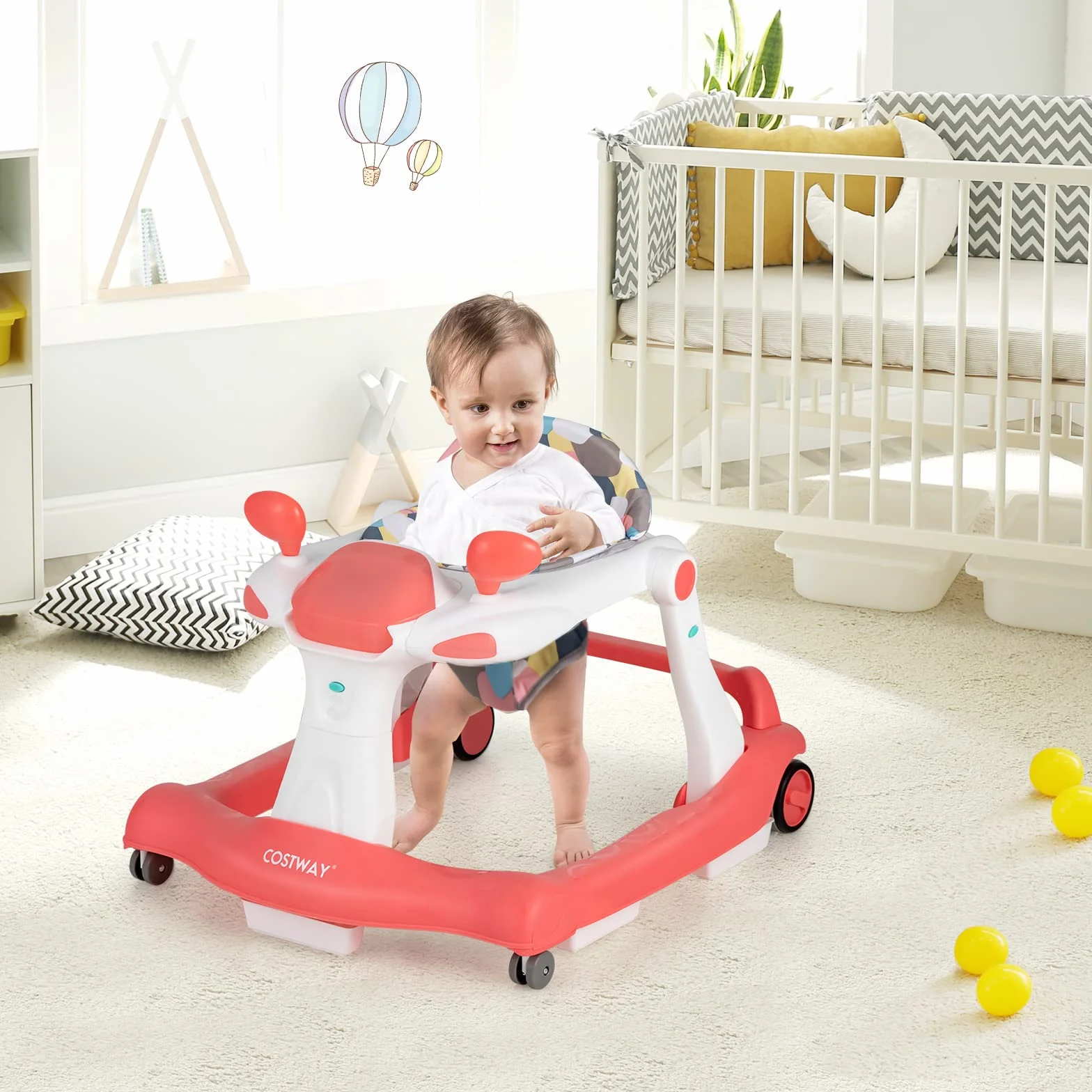 COSTWAY Girello per bambini 2 in 1, Girello con Altezza e Velocità Regolabili, Carillon con Luci e Cuscino Comodo, Primi Passi per Bambini 6-18 Mesi, Capacità di carico: 15 kg (Arancia)