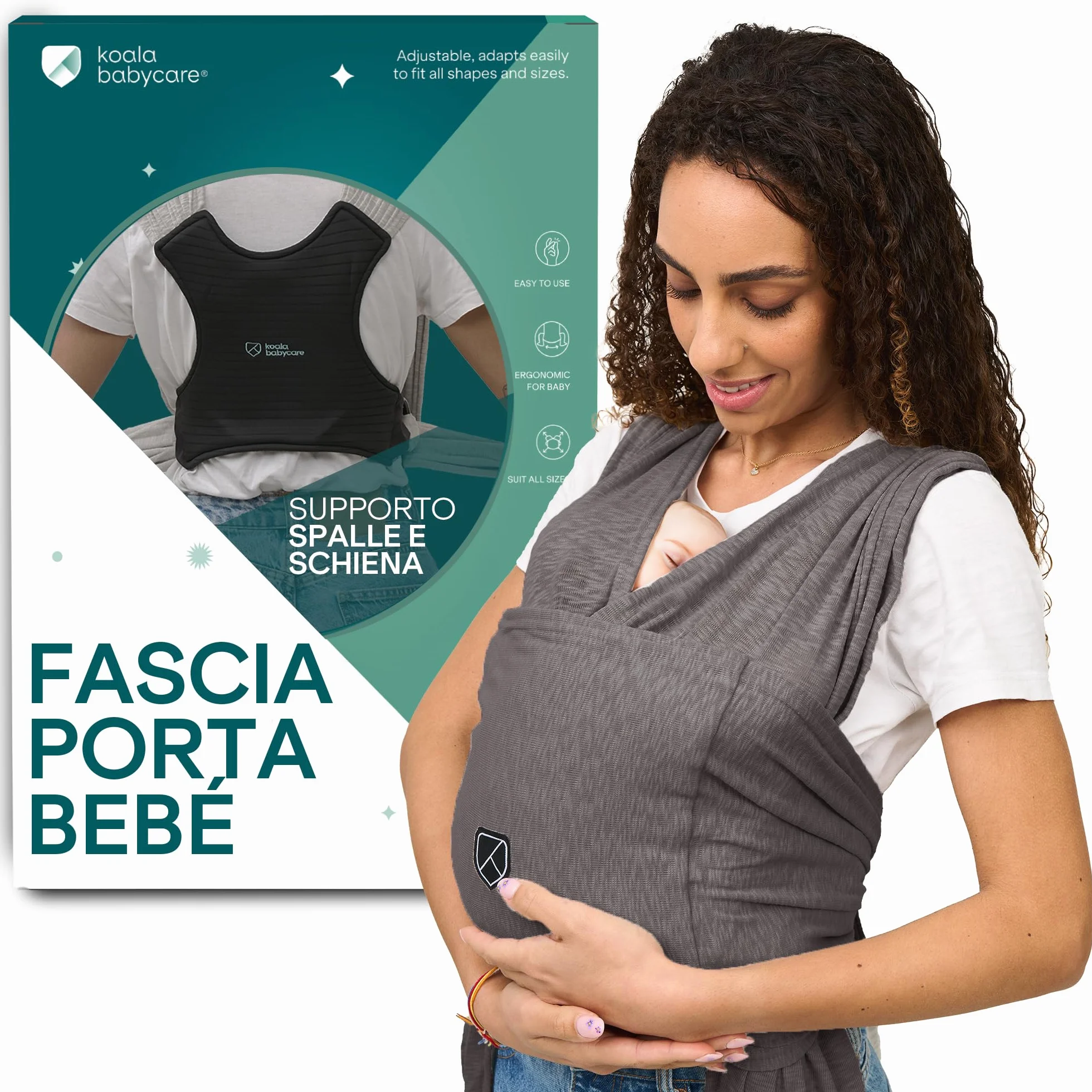 Koala Babycare Fascia Porta Bebe Neonato Regolabile Unisex Marsupio Neonati Multiuso Fino a 9kg Antracite