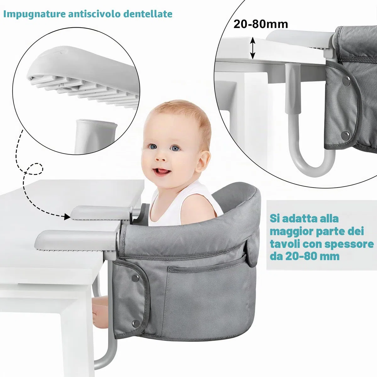 UISEBRT Seggiolino da Tavolo Pieghevole, Seggiolone per Bambini con Altezza Regolabile, Seggiolino con Morsetto Antiscivolo e Cintura di Sicurezza, Seggiolone Portatile per Bambini per Viaggi e Casa