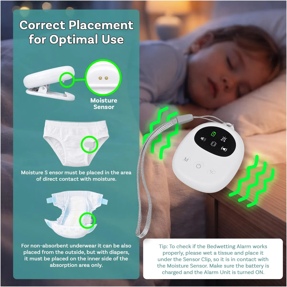 Allarme Enuresi Compatto per Bambini e Adulti di MMOBIEL – Sensore di Umidità Cablato con Clip – Suono, Vibrazione e Luce – Ricaricabile USB – Volume Regolabile – Apprendimento del Vasino