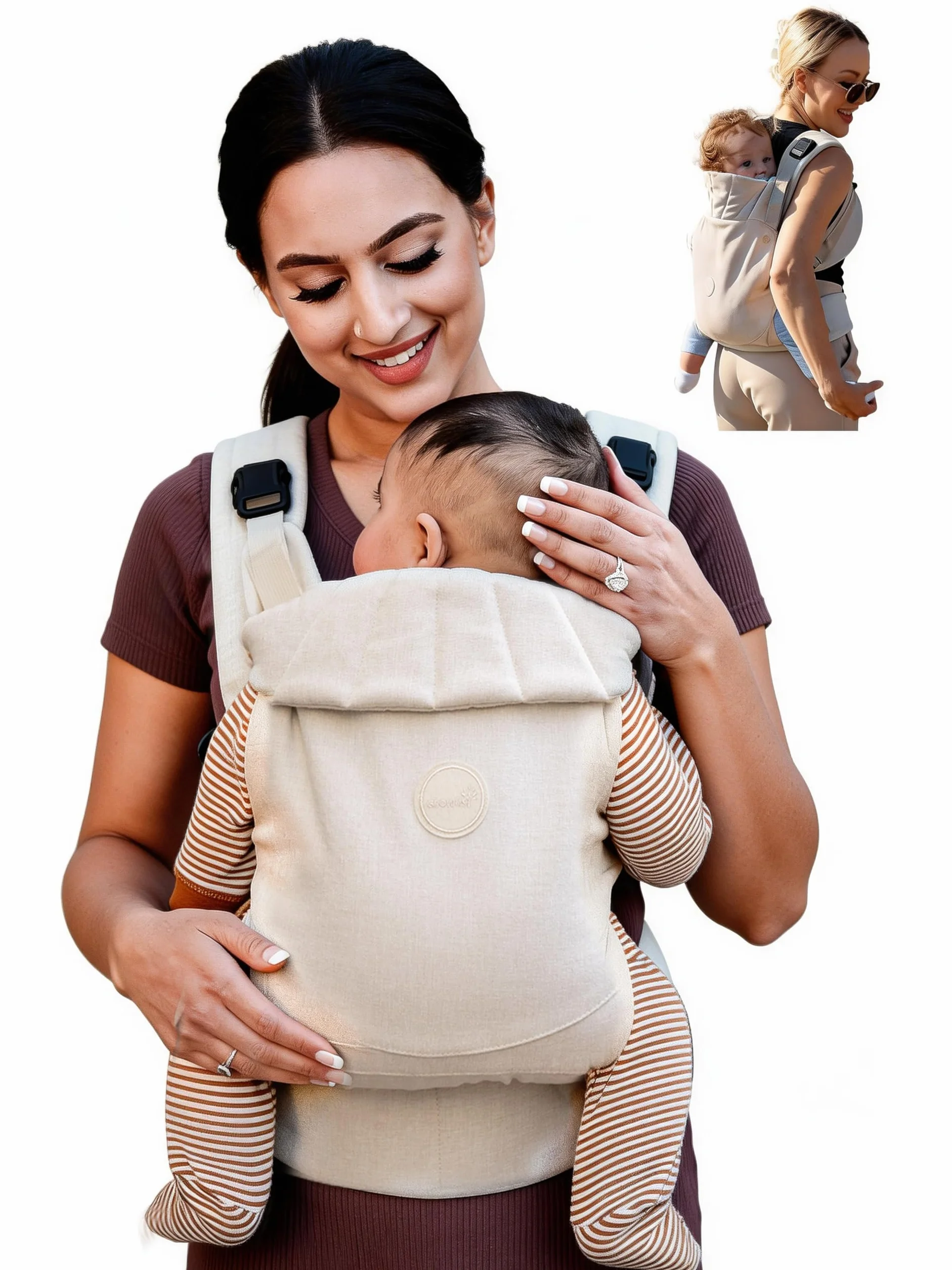 Grownsy Marsupio Neonato Ergonomico(3–20 kg, 3–24 mesi), Fibbia a Sgancio Rapido a un Tocco, Facile da Indossare, Poggiatesta, Leggero, Confortevole e Regolabile(Bianco crema)