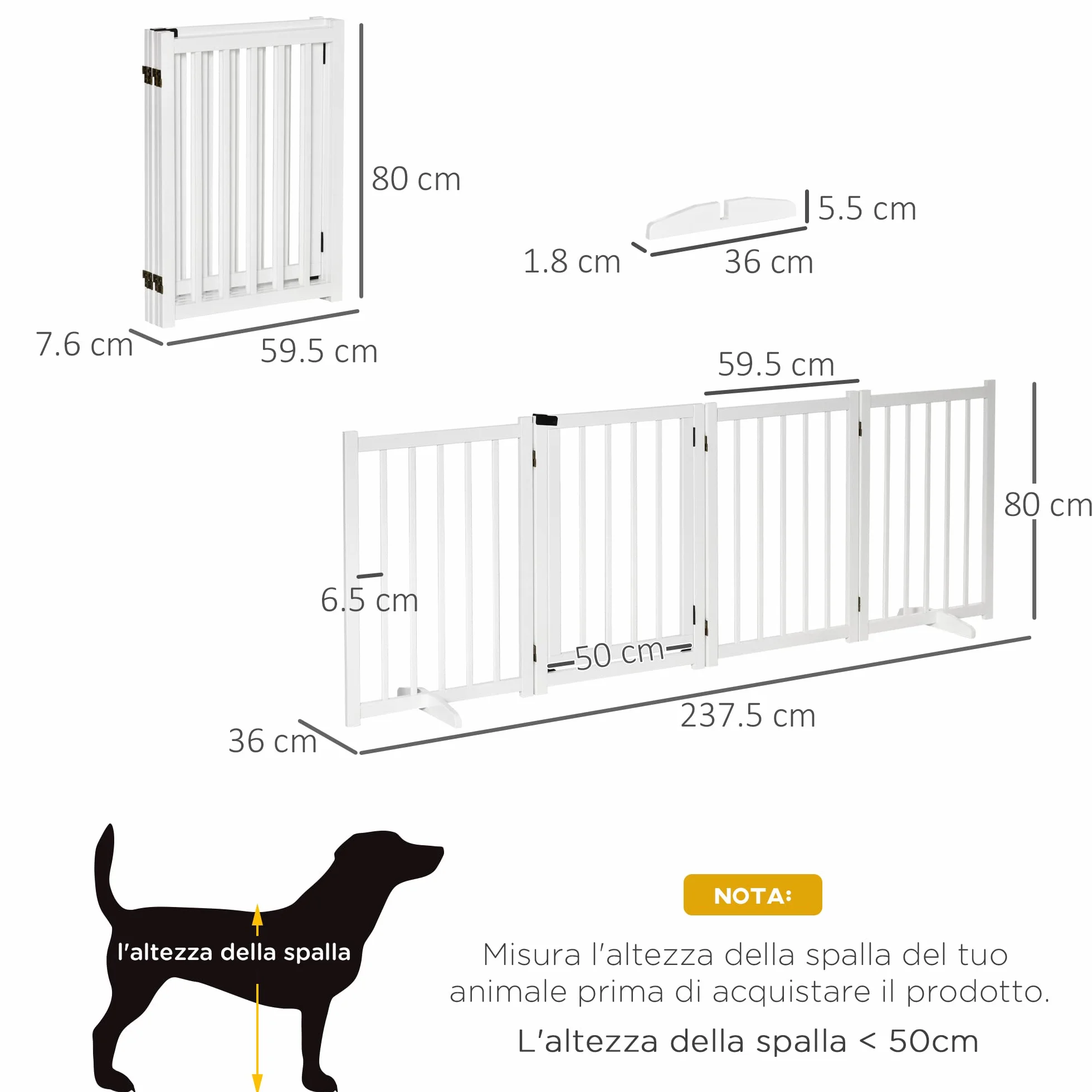 PawHut Cancellino Pieghevole per Cani Taglia Piccola/Media 4 Pannelli Legno 237.5x36x80 cm Bianco