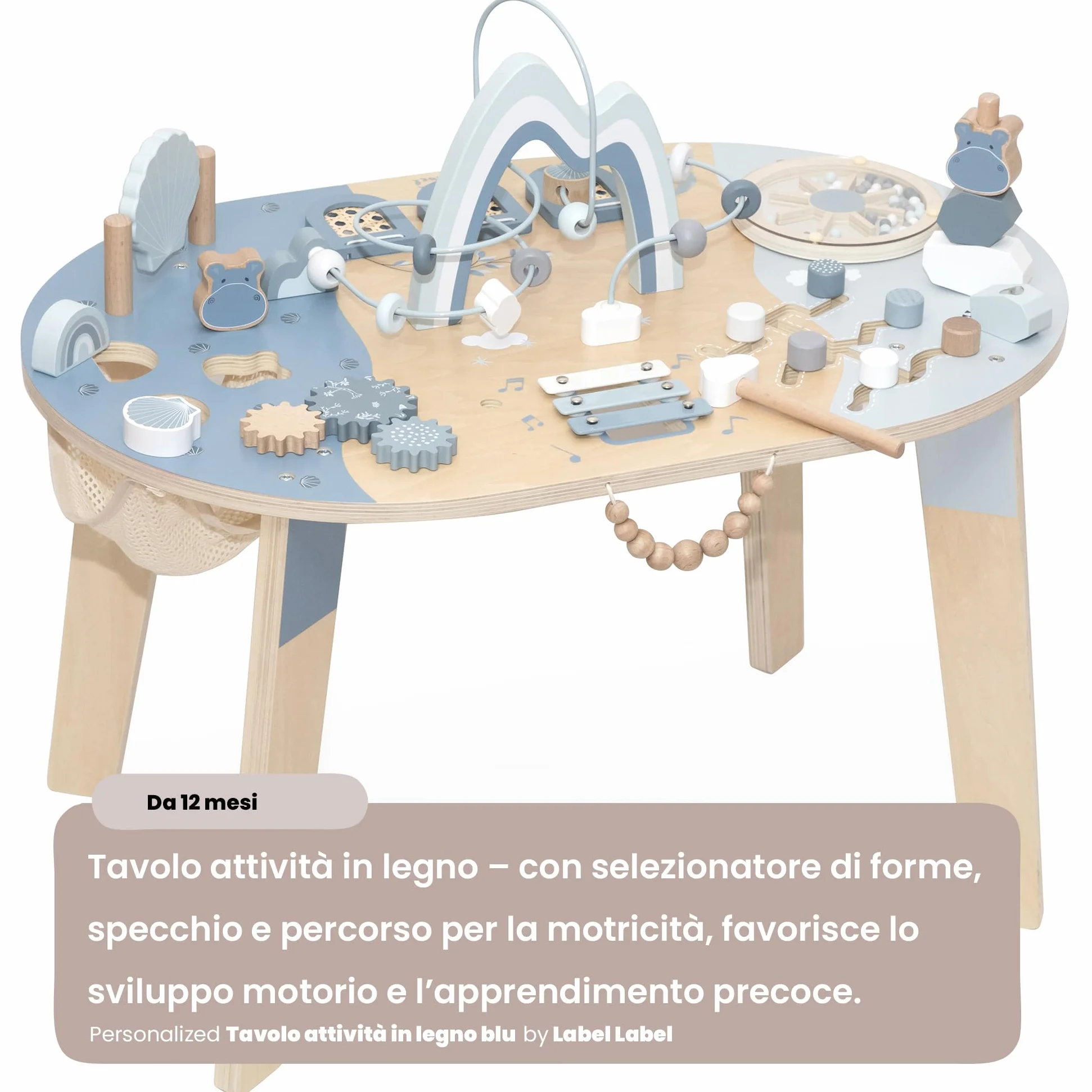 Label Label Personalizzato Tavolo attività in Legno Blu – stimola la motricità fine & Gioco sensoriale per Bambini dai 24 Mesi