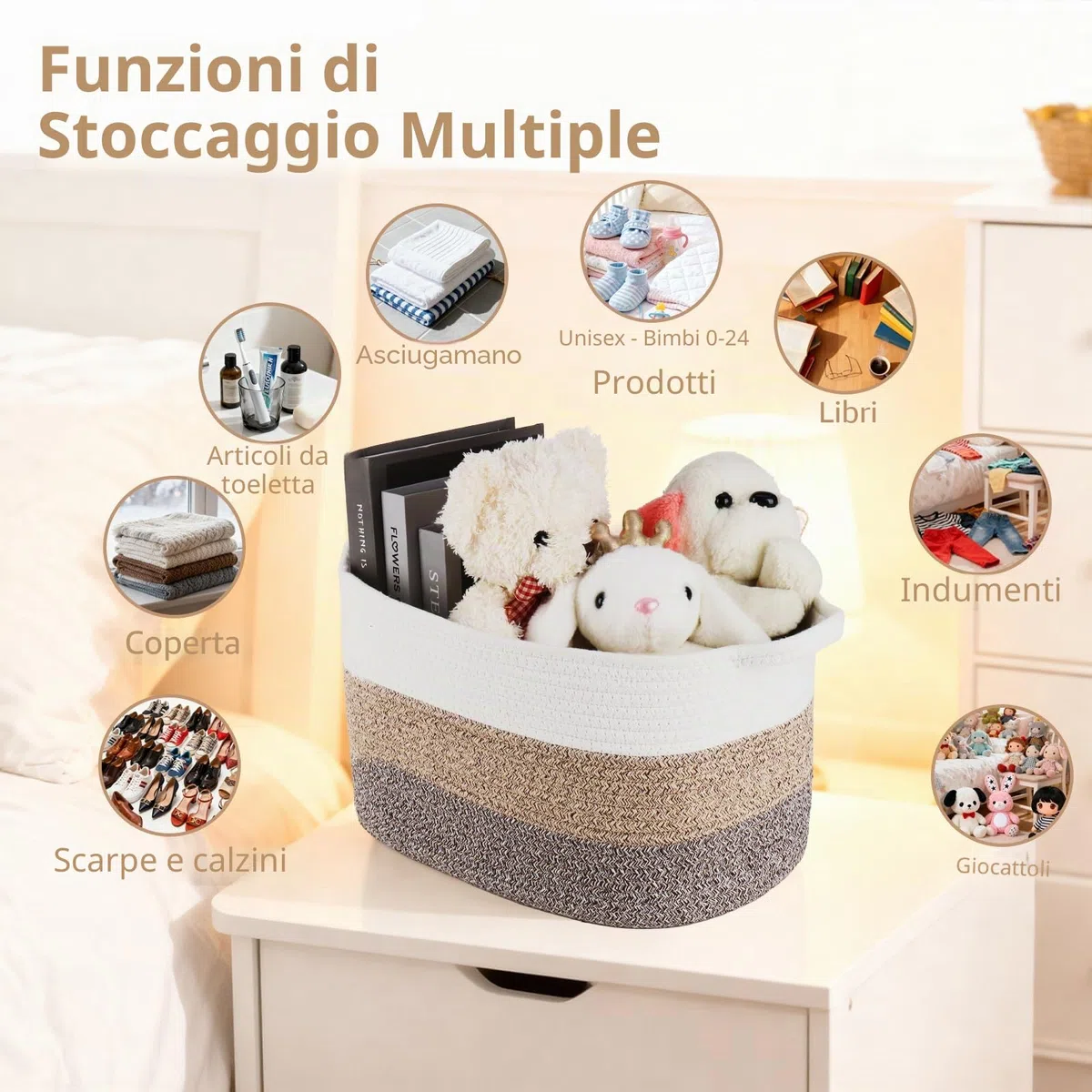 AOFANGSHIYE3 cesti di stoccaggio, corda di cotone per bambini cesto regalo, giocattoli per bambini cesto di stoccaggio(bianco marrone)