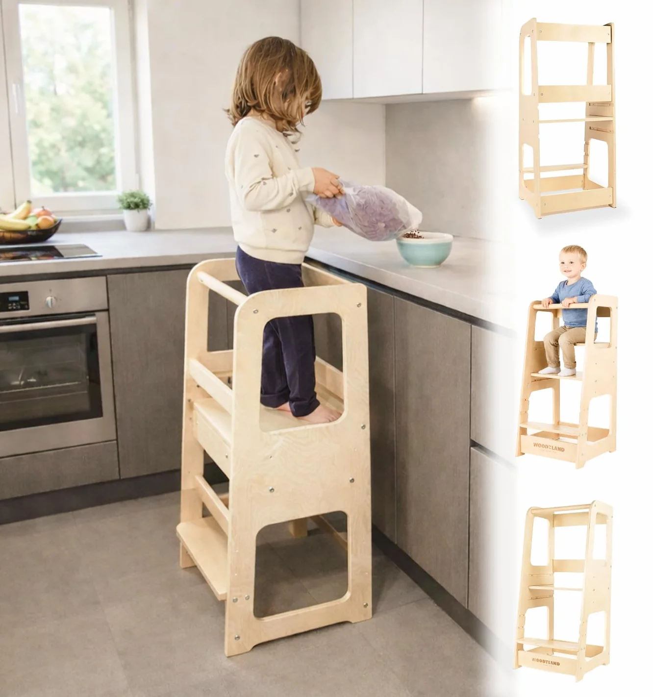WOODYLAND Torre montessoriana Live, Scala bambini regolabile in altezza, Legno vero 40x39,5x90 cm