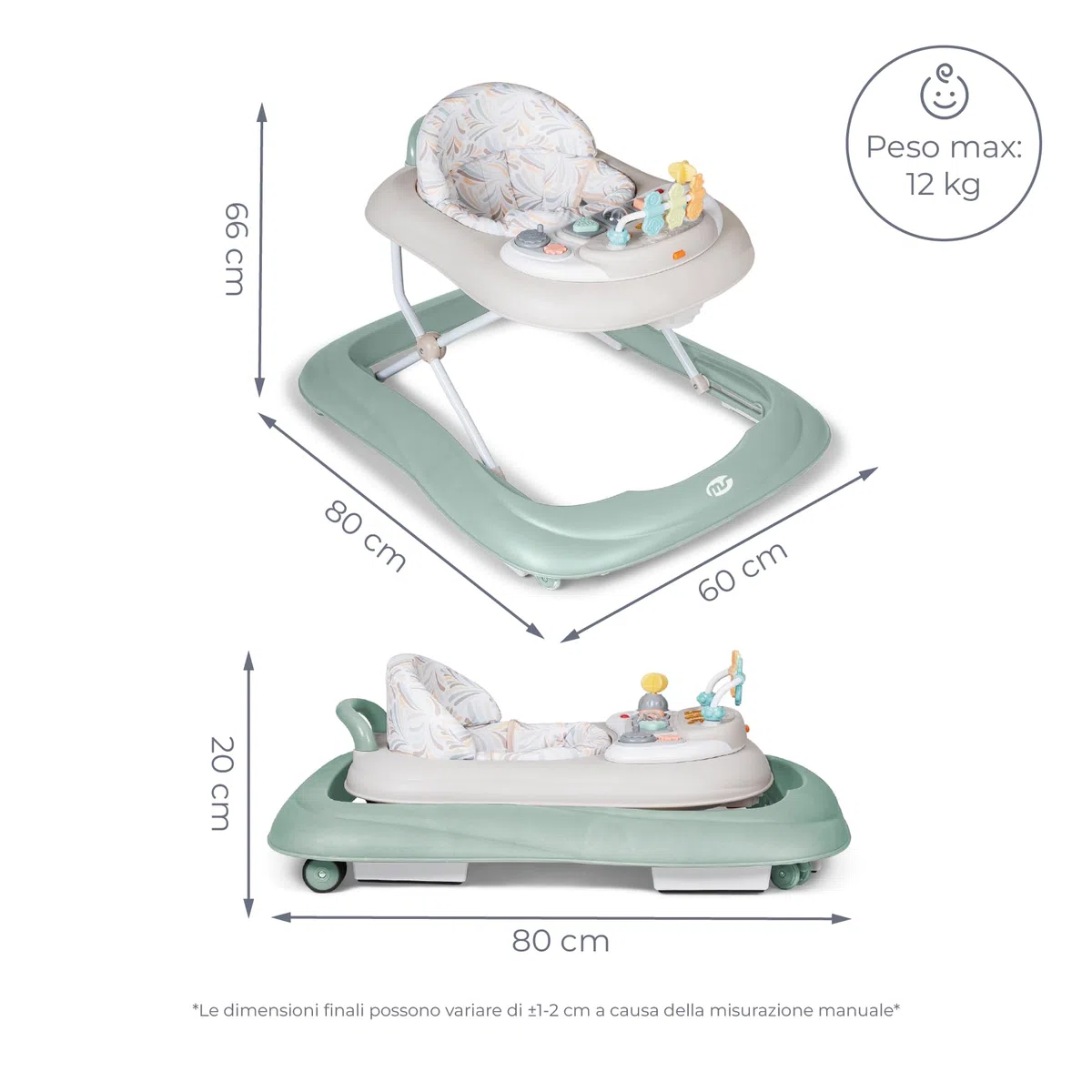 MS BabyWorld – Girello BASIC PLUS – Girello per Bambini con Vassoio Interattivo di Giochi con Suoni | Base Antiribaltamento | Tacatà con Ruote in Silicone e 3 Posizioni di Altezza