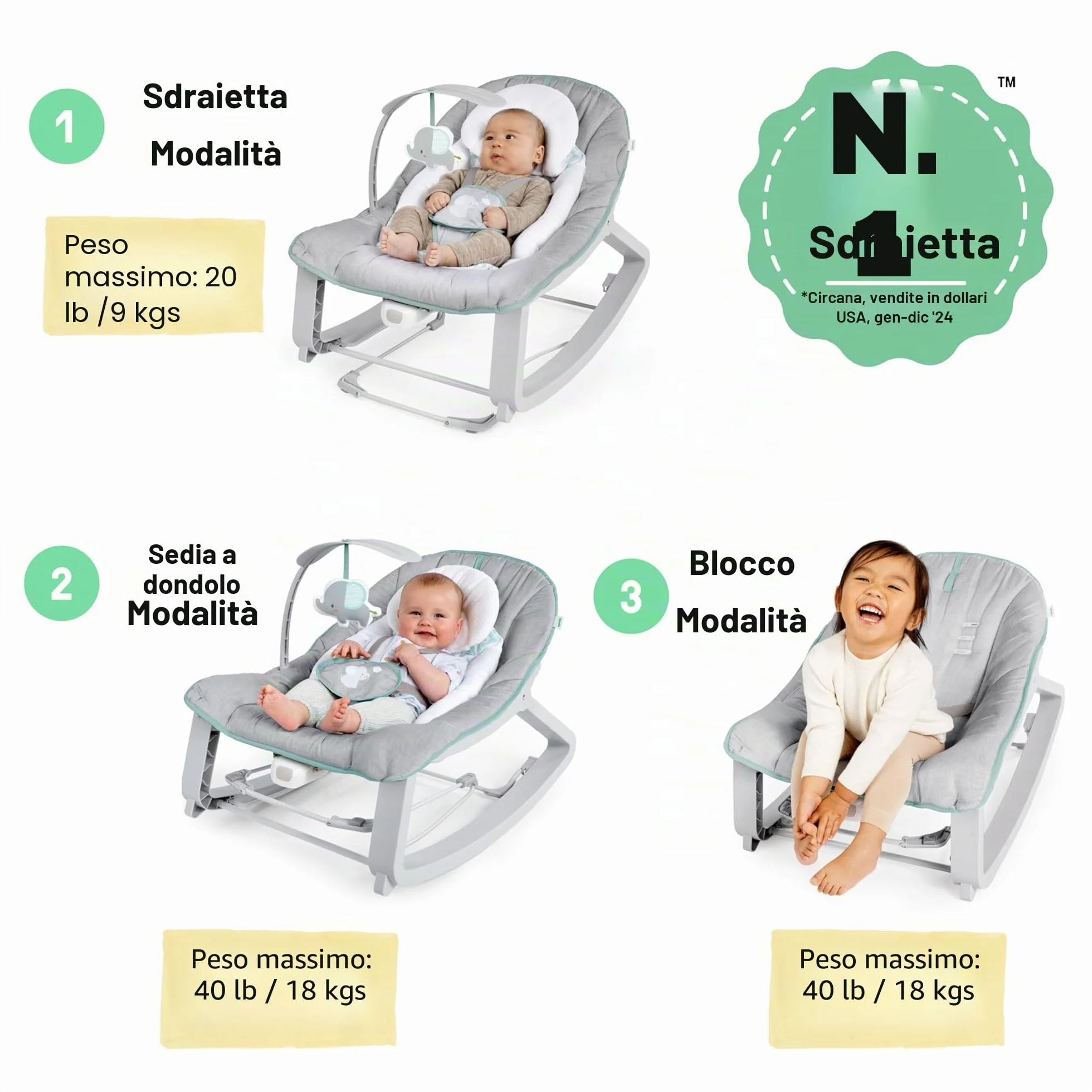 Ingenuity Keep Cozy 3-in-1 Cresci con me sdraietta vibrante per bambini, seggiolino e dondolo da neonato a bambino, vibrazioni e barra portagiochi, 0-30 mesi fino a 18 Kg (Weaver)