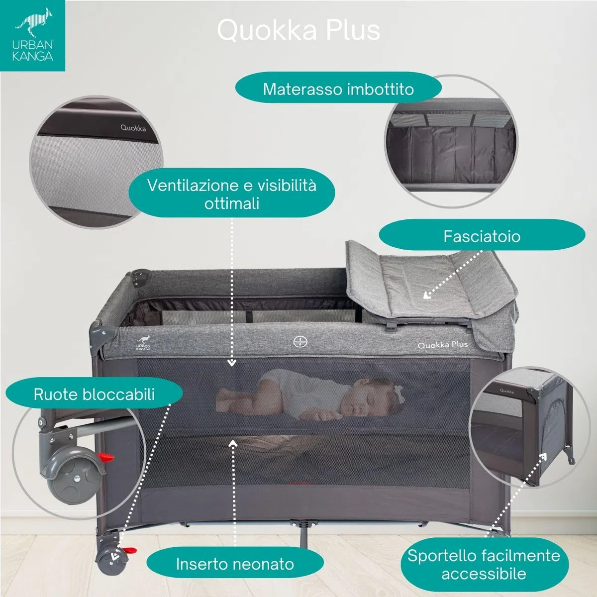 Urban Kanga QK Plus Lettino de Campeggio Neonato con Fasciatoio (QK Plus, Grigio)