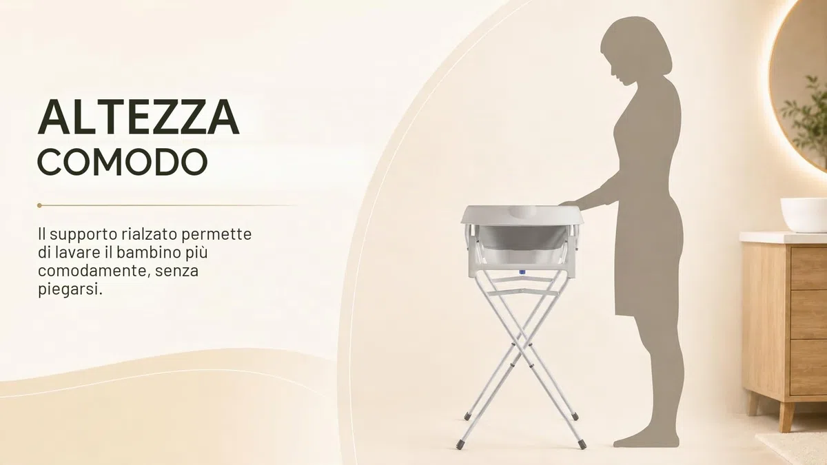 Vasca da bagno pieghevole con supporto in acciaio – Vasca da bagno per neonati con termometro e tubo di scarico – Cuscino ergonomico neonato – guadagno di spazio piccolo bagno – 0-3 anni