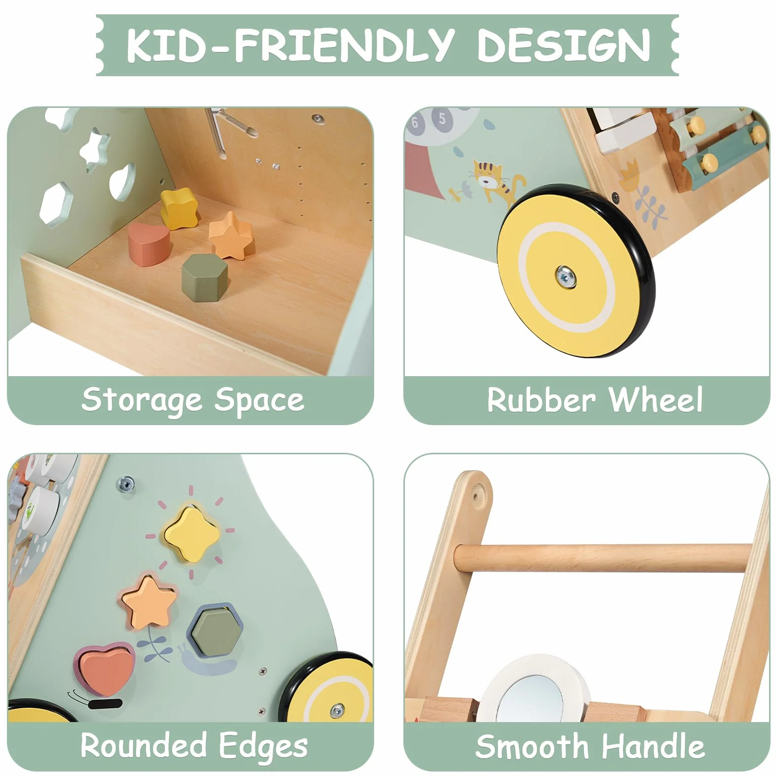 Girello per Bambini di Legno, Carrello Primi Passi Legno con 8 Giochi Interattivi, Giocattoli Bambino 1 Anno, Primi Passi per Bambini, Baby Walker Regali di Natale e Compleanno
