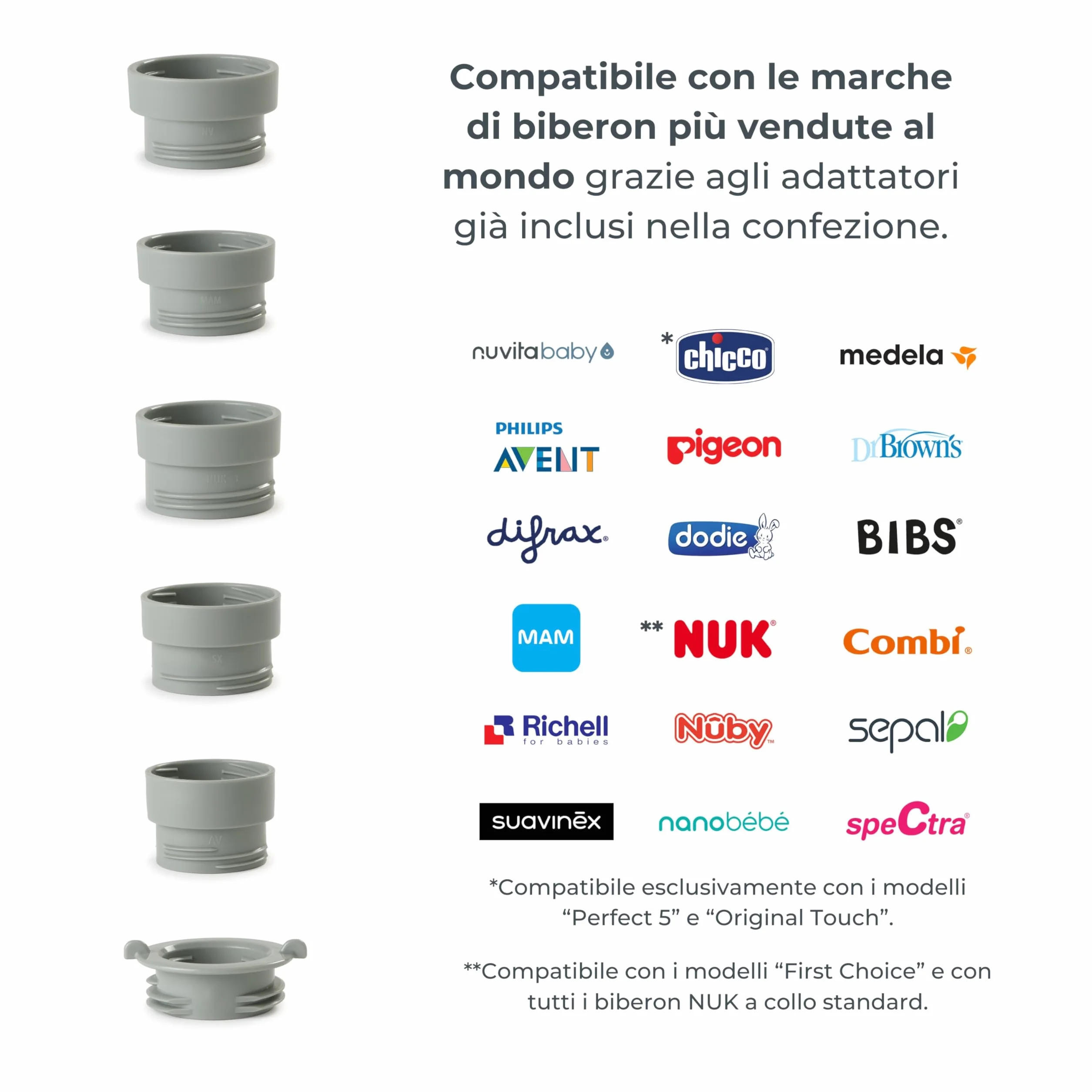 Nuvita 1164 Mix70 Scaldabiberon Portatile 70°C con Funzione Mescolamento, 5 Temperature fino a 70°C, Universale con 6 Adattatori Inclusi, Batteria Ricaricabile, Display LED, Senza BPA