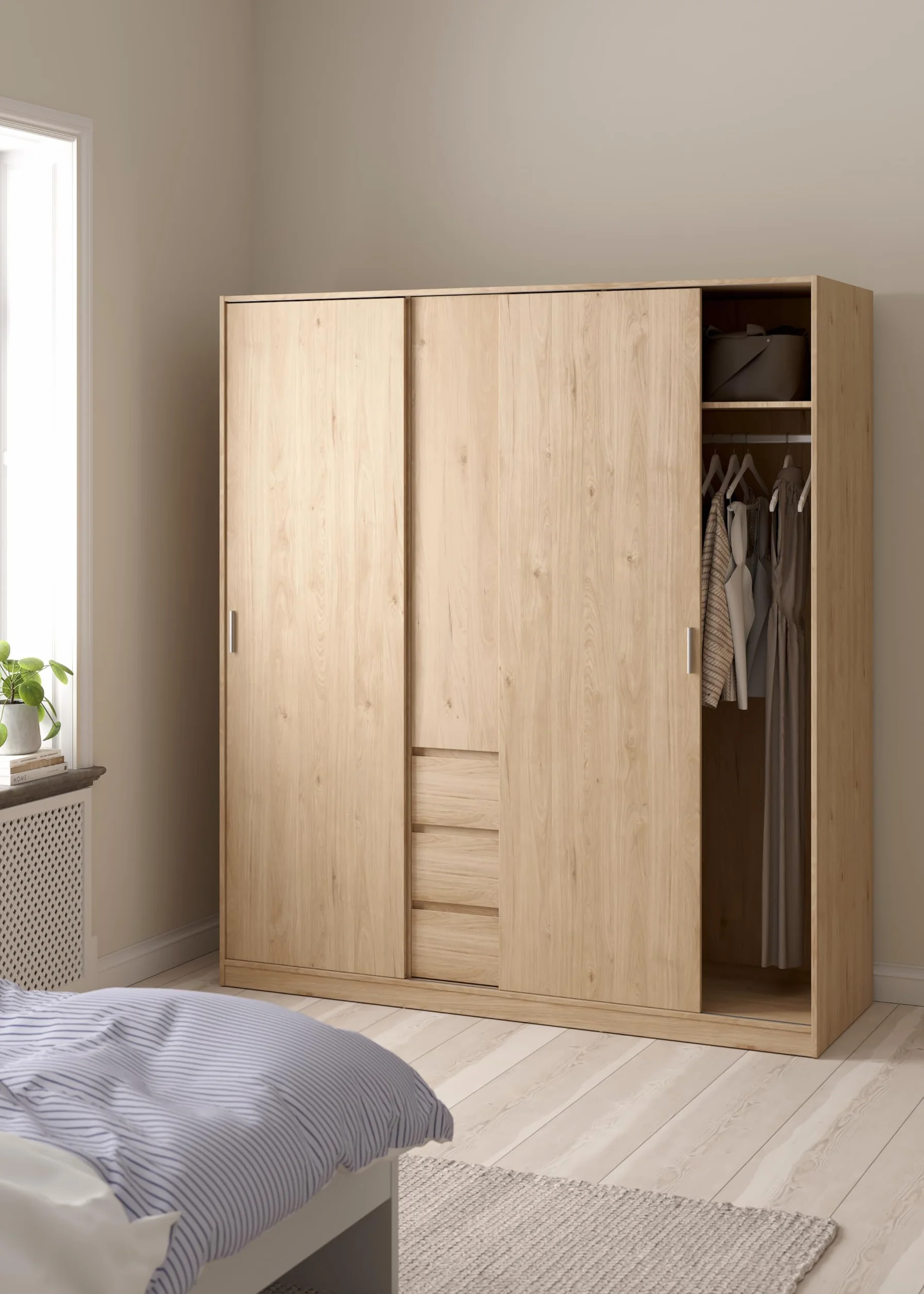 AVANTI TRENDSTORE Pollein Armadio a 2 ante scorrevoli 1 anta battente 3 cassetti legno laminato 177x200,4x60 cm