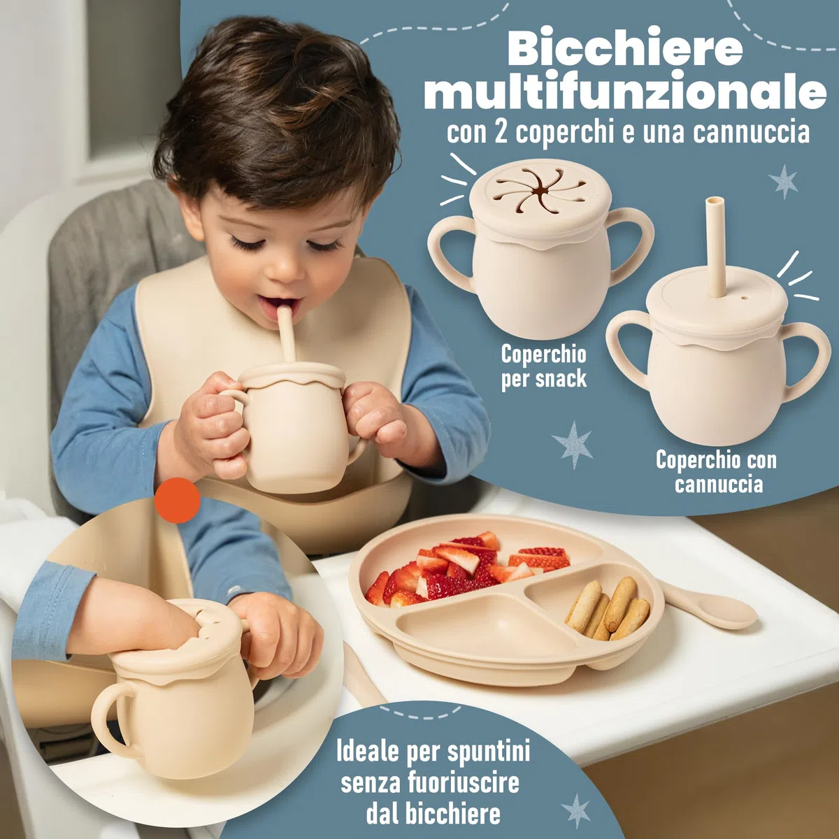 Set Pappa Svezzamento - Set Svezzamento Prima Pappa - Set Svezzamento Neonati - Set Neonato - Cucchiaino Svezzamento con serbatoio dosatore e Ciuccio per Frutta Neonati incluso - Piatto Svezzamento