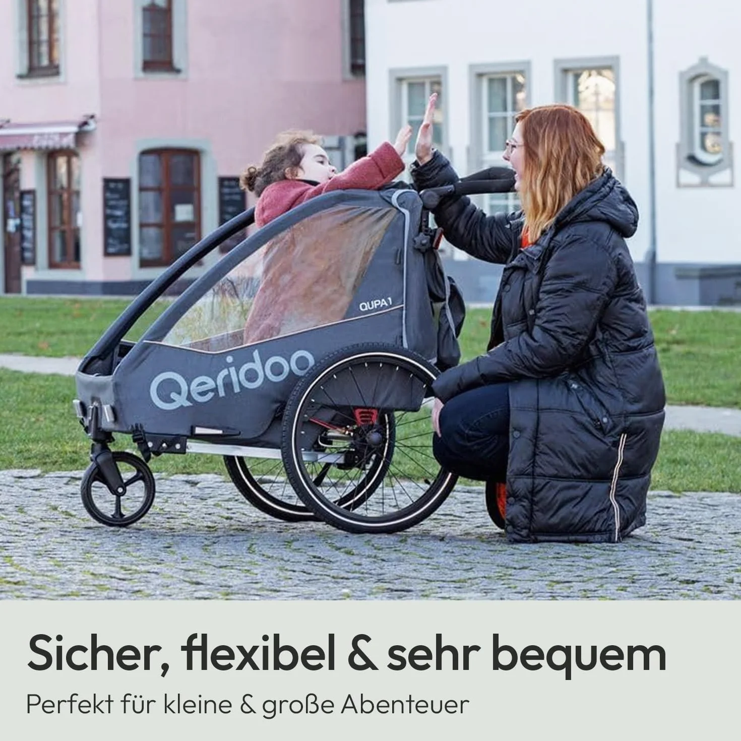 Rimorchi per bicicletta marca QERIDOO. Modello Kinderfahrradanhänger & Buggy QUPA 1 für 1 Kind mit Kupplung, Blattfeder-Dämpfsystem (bis 50 kg) - Grigio