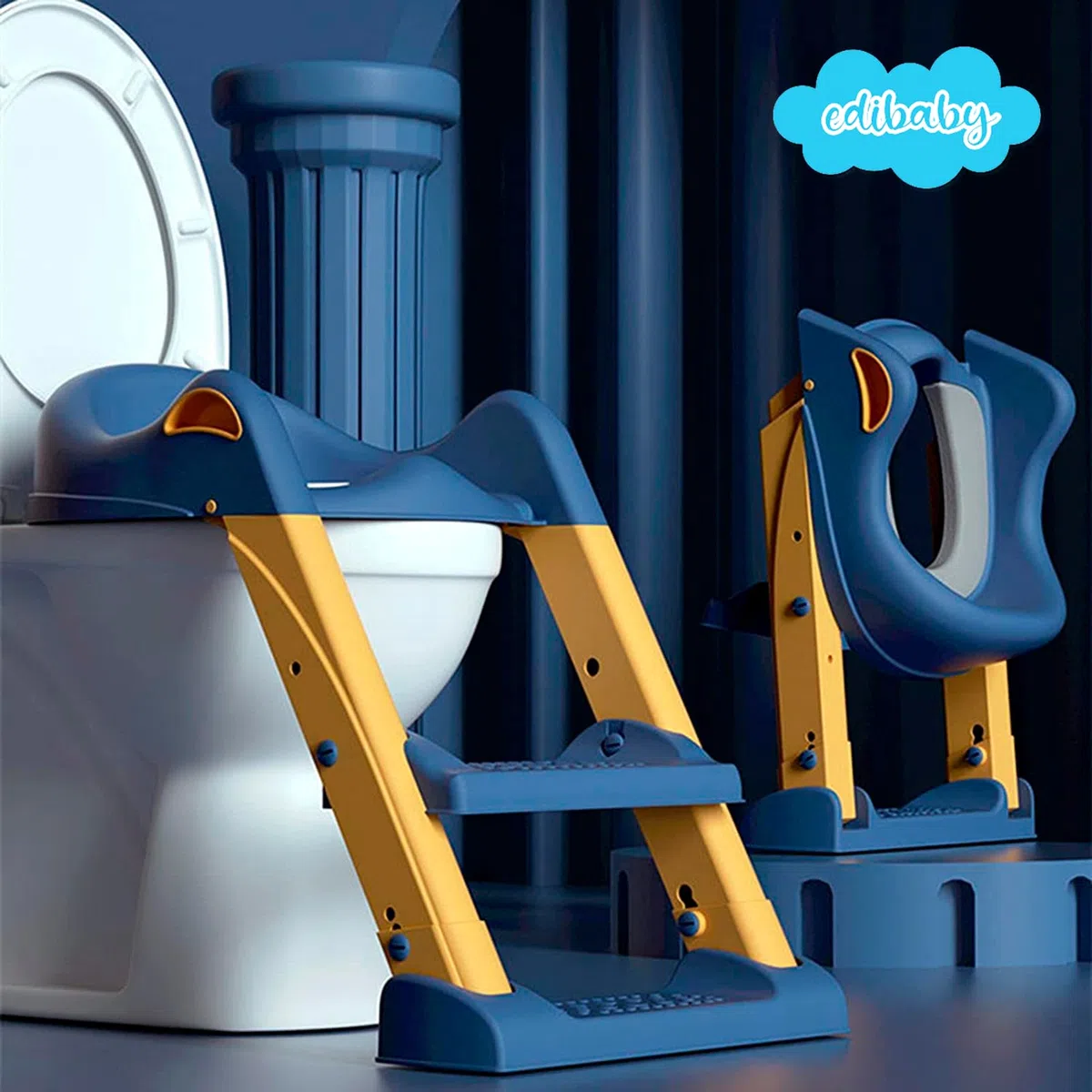 Edibaby, Riduttore Water Bambini, con Scaletta, per l’Addestramento alla Toilette, Portatile, Regolabile, Piena Compatibilità, Cuscino Imbottito, da 1 a 7 Anni (Blu e giallo)
