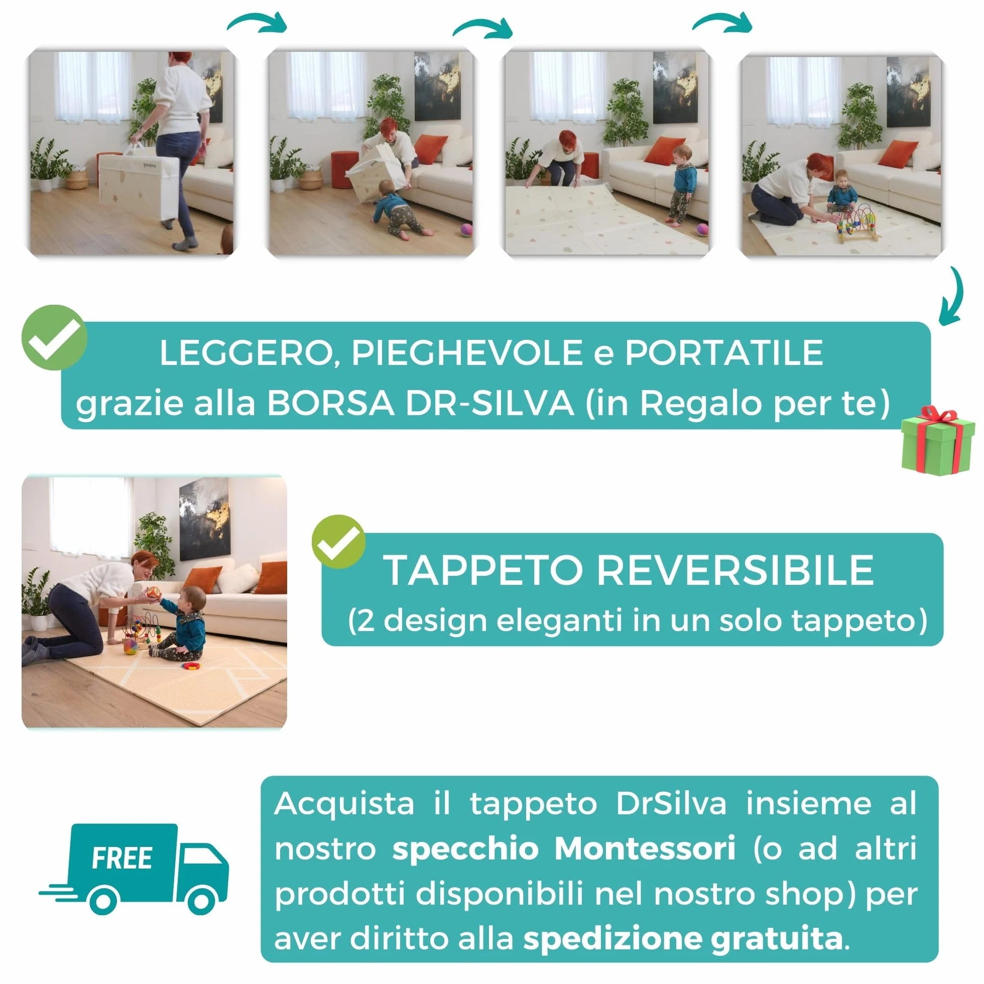 DR-SILVA Tappeto Gioco per lo Sviluppo Motorio di Bambini e Neonato. Sicuro, Atossico, Spessore 1,5 cm, Grande 200x150 cm, Pieghevole, Portatile, Anti-Scivolo, Lavabile, Morbido e Anti-urto.