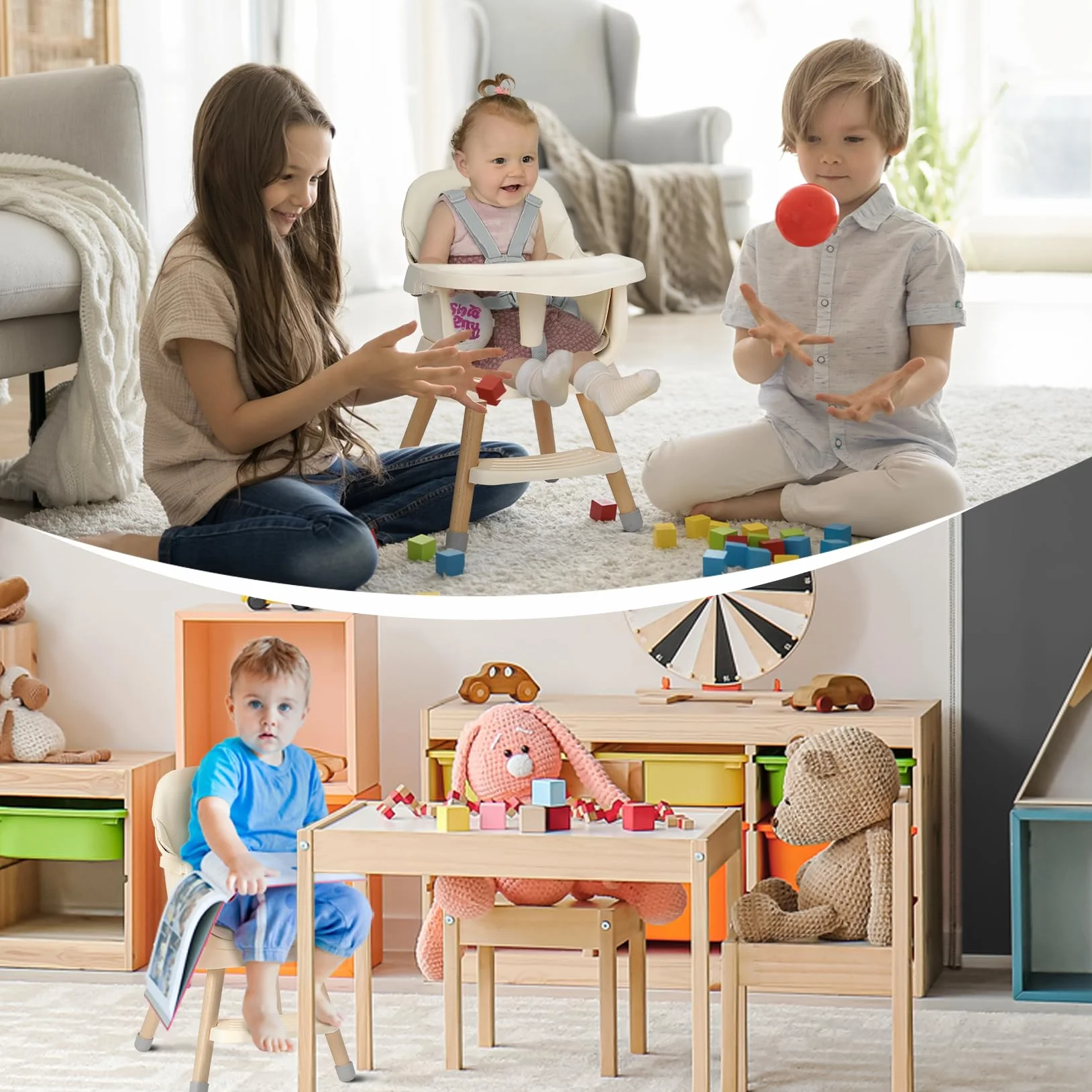 Seggiolone Pappa 6 in 1 Convertibile in Rialzo Sedia Bambino con Gambe in Legno, Cintura 5 Punti, Vassoio Rimovibile, Beige