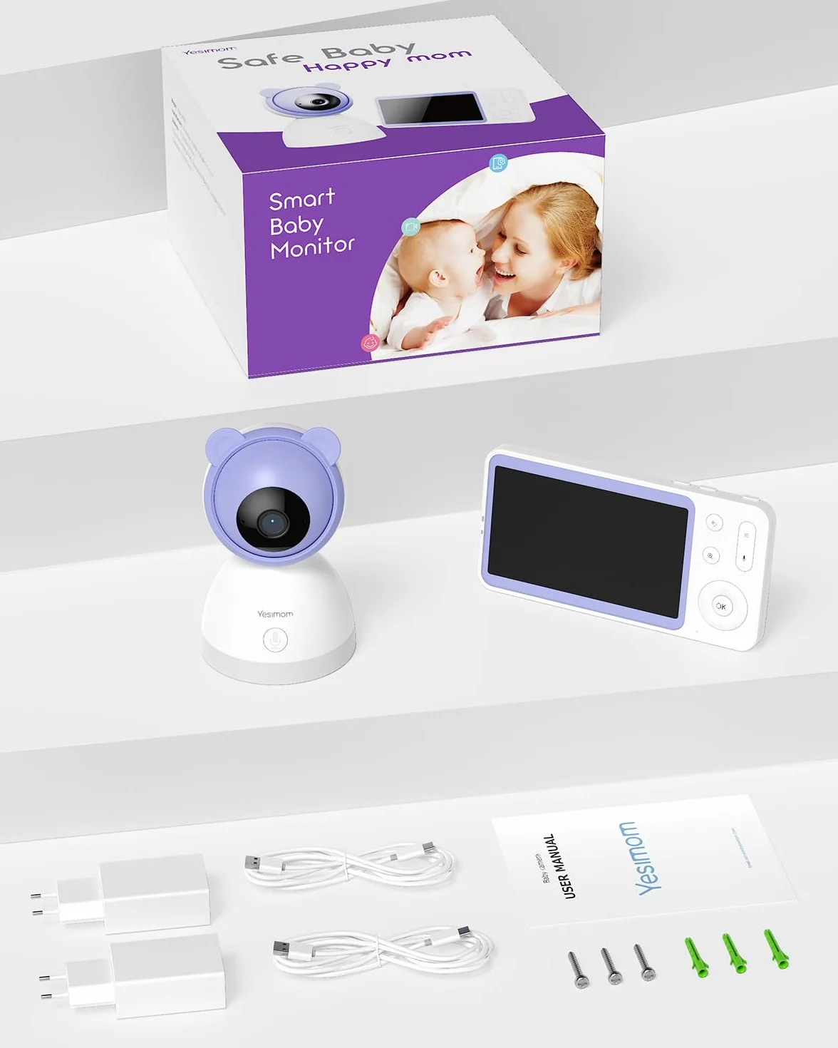 Baby Monitor 2K Video e Audio, Telecamera Bambini con APP, 5" Monitor, Luce Notturna, 360° PTZ, Allarmi Pianto e Movimento 8TM-1PZ