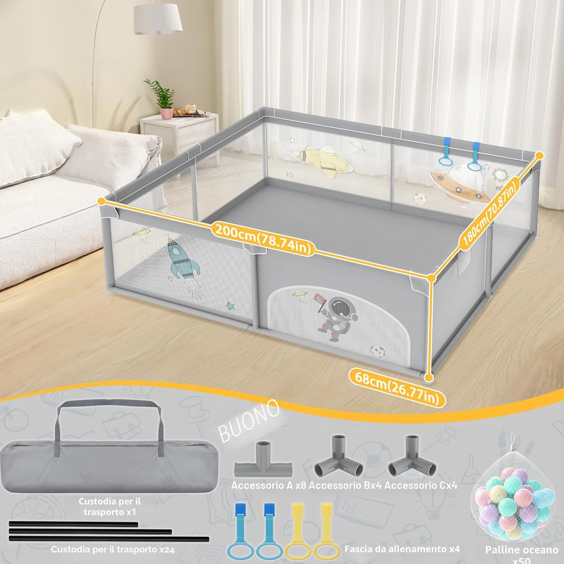 UISEBRT Box per bambini, 180 x 200 cm, con 50 palline oceaniche e 4 anelli e borsa per il trasporto, pieghevole, con rete traspirante, per bambini, grigio con motivi astronauti