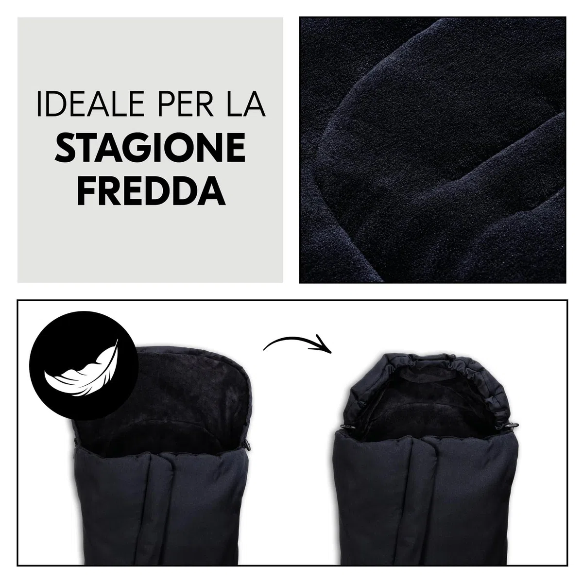 hauck Sacco Passeggino Universale, Nero - 105 x 57 x 10 cm, Caldo e Antivento con Interno in Pile, Cerniera a 2 Vie, Antiscivolo, Lavabile, Arrotolabile in una Borsa, dalla Nascita fino a 3 Anni
