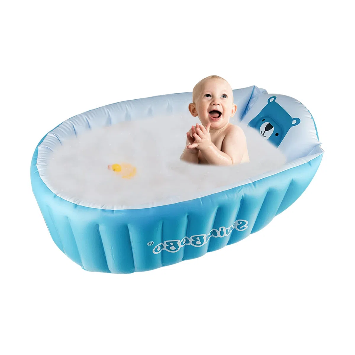 Vasca Gonfiabile per Bambini, AolKee Portatile Pieghevole Bagnetto Gonfiabile Neonato, Piscina Gonfiabile Neonato, Vasca Da Bagno Riutilizzabile Da Viaggio Morbida (per 0-5 Anni) + Pompa Ad Aria, Blu