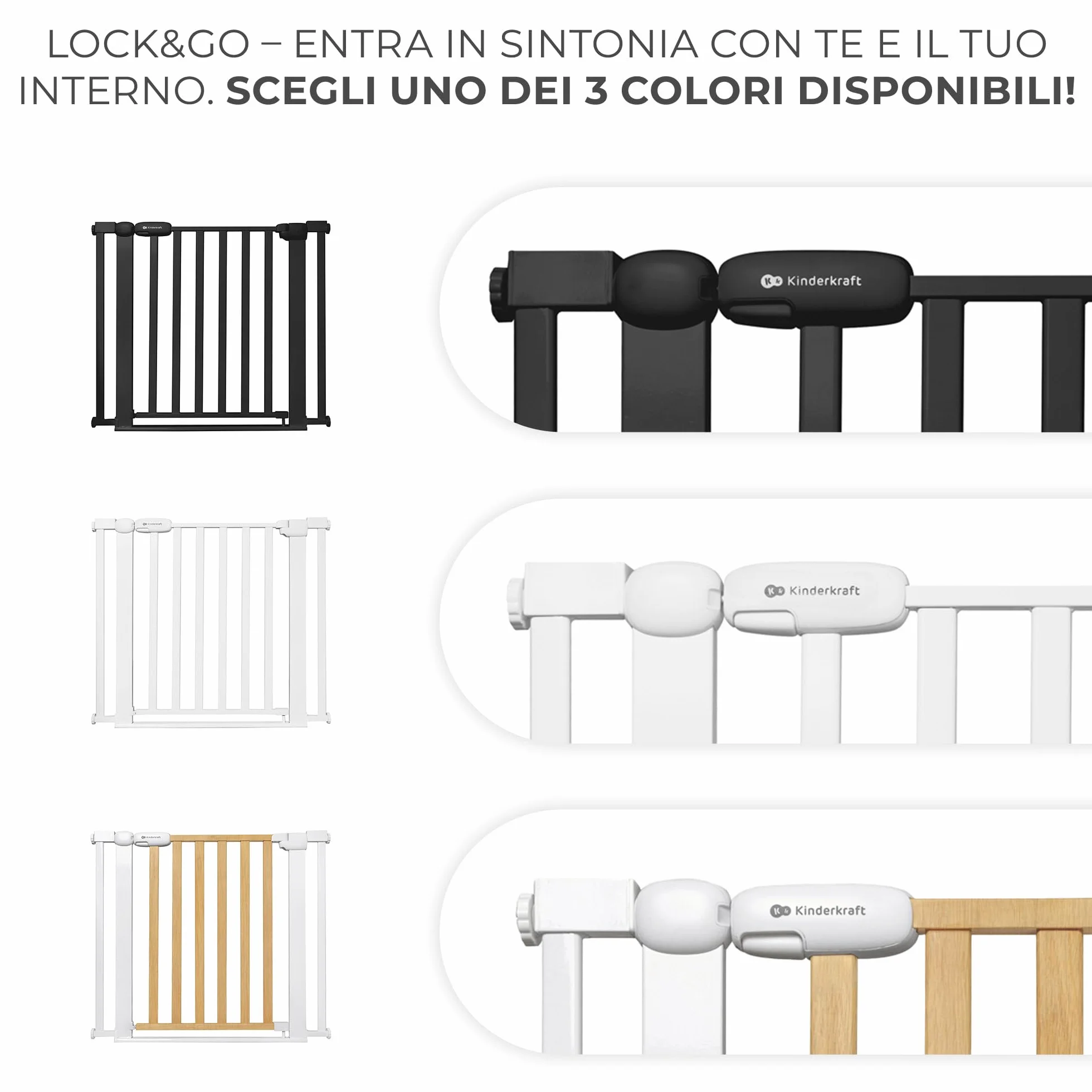 Kinderkraft LOCK&GO Cancelletto di sicurezza da 75-103 cm, Chiude automaticamente di 90 gradi, Doppio dispositivo di sicurezza, Previene di inciampare, Nero