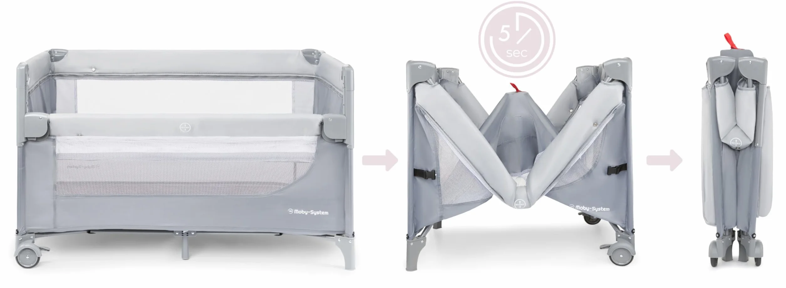 Moby-System Lettino da Viaggio 3 in 1 Box Bambini Recinto Neonati Fasciatoio Materasso Ruote Letto Pieghevole Regolabile 126x66cm Borsa Trasporto