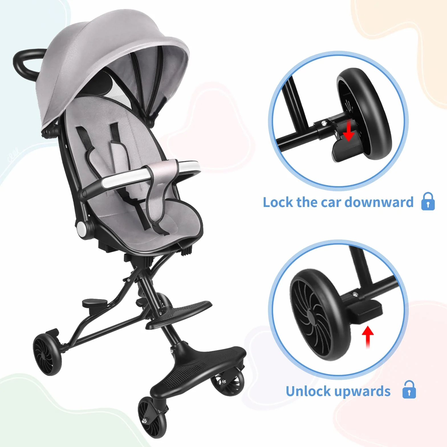 OHMG Passeggino compatto pieghevole 25 kg con sistema trolley cappottina estensibile 0-4 anni 5 kg