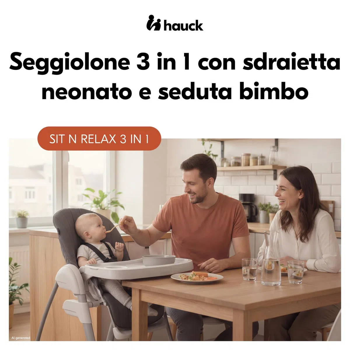 hauck Sit N Relax 3in1, Beige - Seggiolone Pappa Evolutivo da 0 Mesi a 15 kg con Sdraietta con Arco Giochi e Seduta con Vassoio Regolabili in Altezza, Ruote, Pieghevole, Cesto Portaoggetti