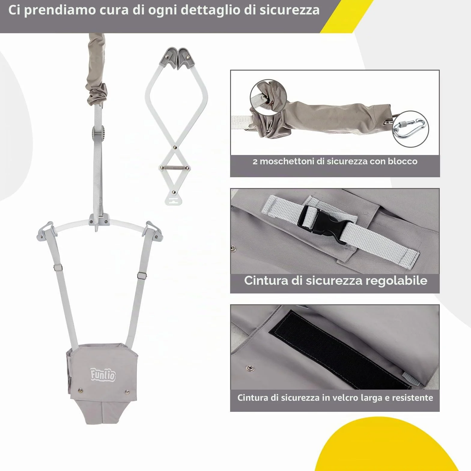 FUNLIO Sdraietta per Porta Baby per 6-24 Mesi (con Morsetto per Porta), Porta Baby Jumper con Molla Robusta/Cinghia Regolabile, Facile da Montare e Riporre, Portata 18 kg, Certificato CE CPC - Grigio