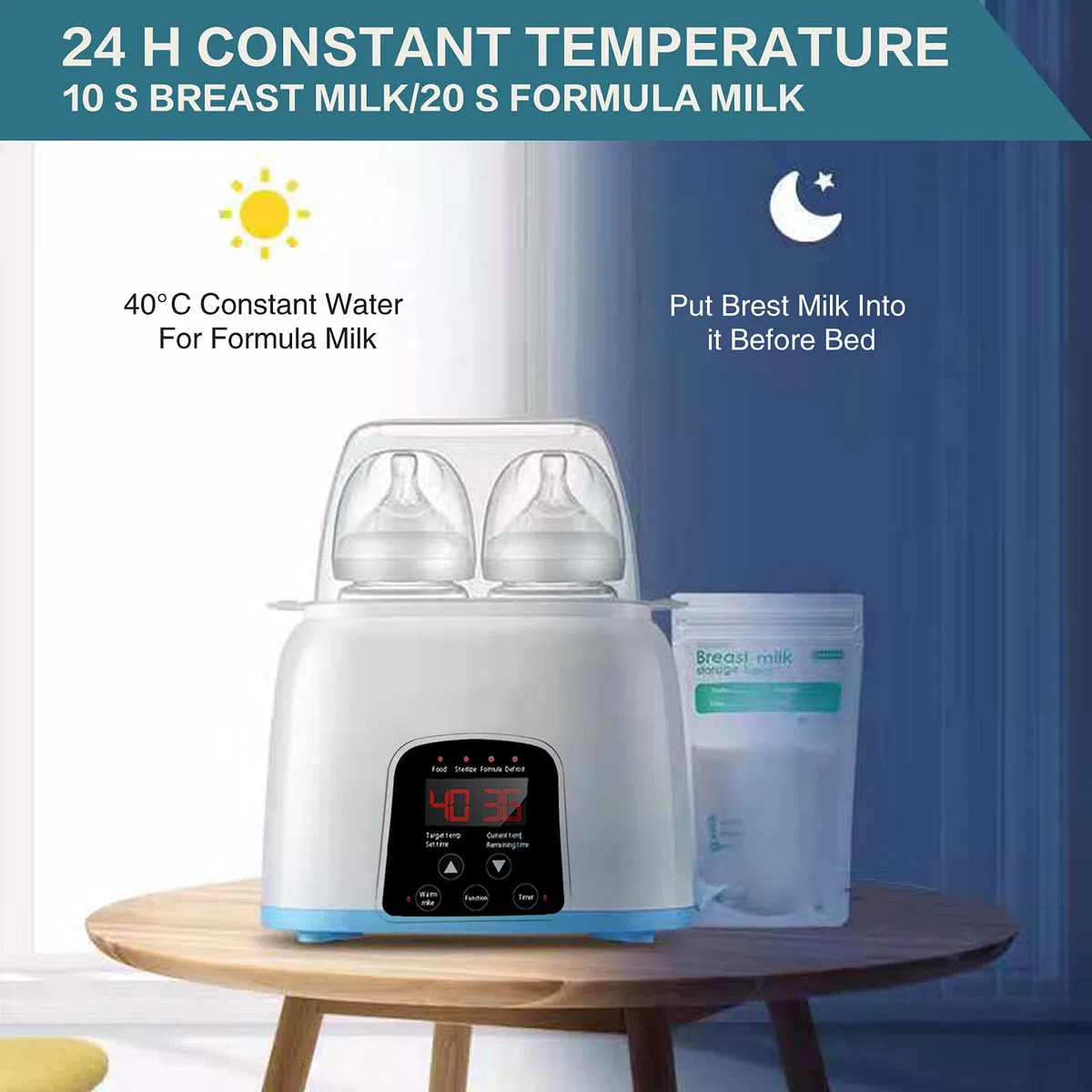 Scaldabiberon, Sterilizzatore per Biberon, Scaldabiberon, Scaldabiberon doppio per latte materno, con display LCD, timer e 5 accessori (Blu)