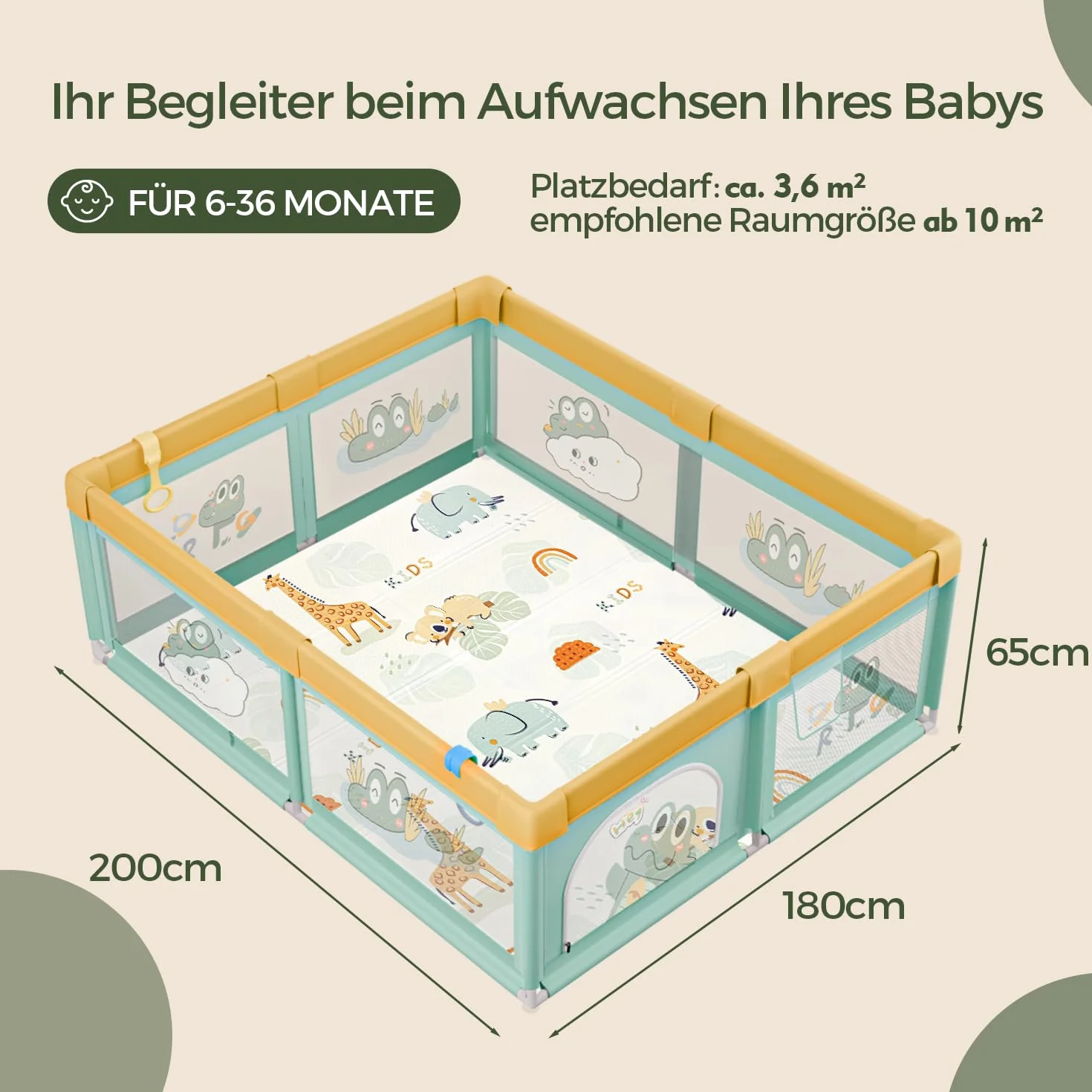 Box Bambini 180x200 con Tappeto, Recinto per Bambini con 360° Rete Traspirante, Tessuto Oxford, Laterali con Zip, Antiscivolo Robusta Centro Attività, 60 Palline, 4 Maniglie, Coccodrillo verde
