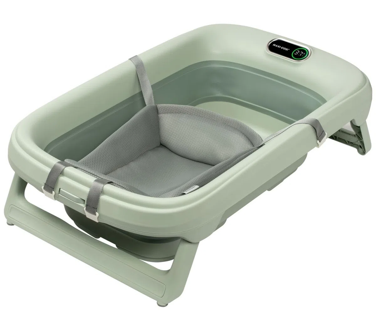 Maxi-Cosi Indigo Plus - Vasca da bagno pieghevole con inserto per neonato, 0-4 anni, spaziosa vasca da bagno mobile per bambini, termometro HighSense integrato, gancio pieghevole, sage green