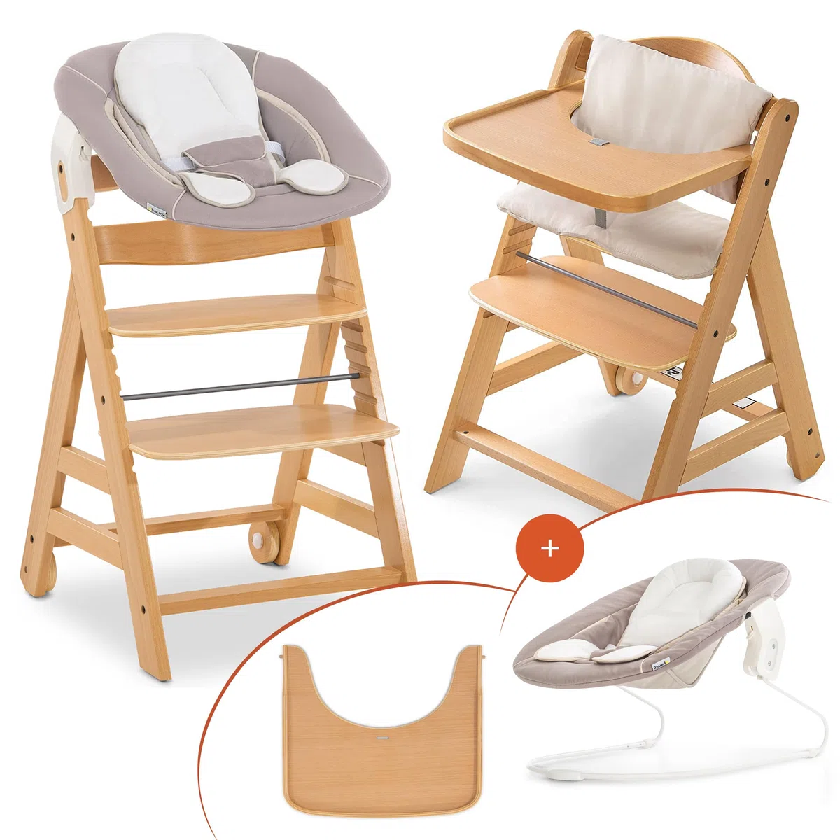 hauck Sediolone Pappa Alpha Move Newborn Set - Seggiolone Pappa Legno Evolutivo Da 0 Mesi con Sdraietta Dondolo Neonati, Cuscino e Vassoio - Legno, Beige