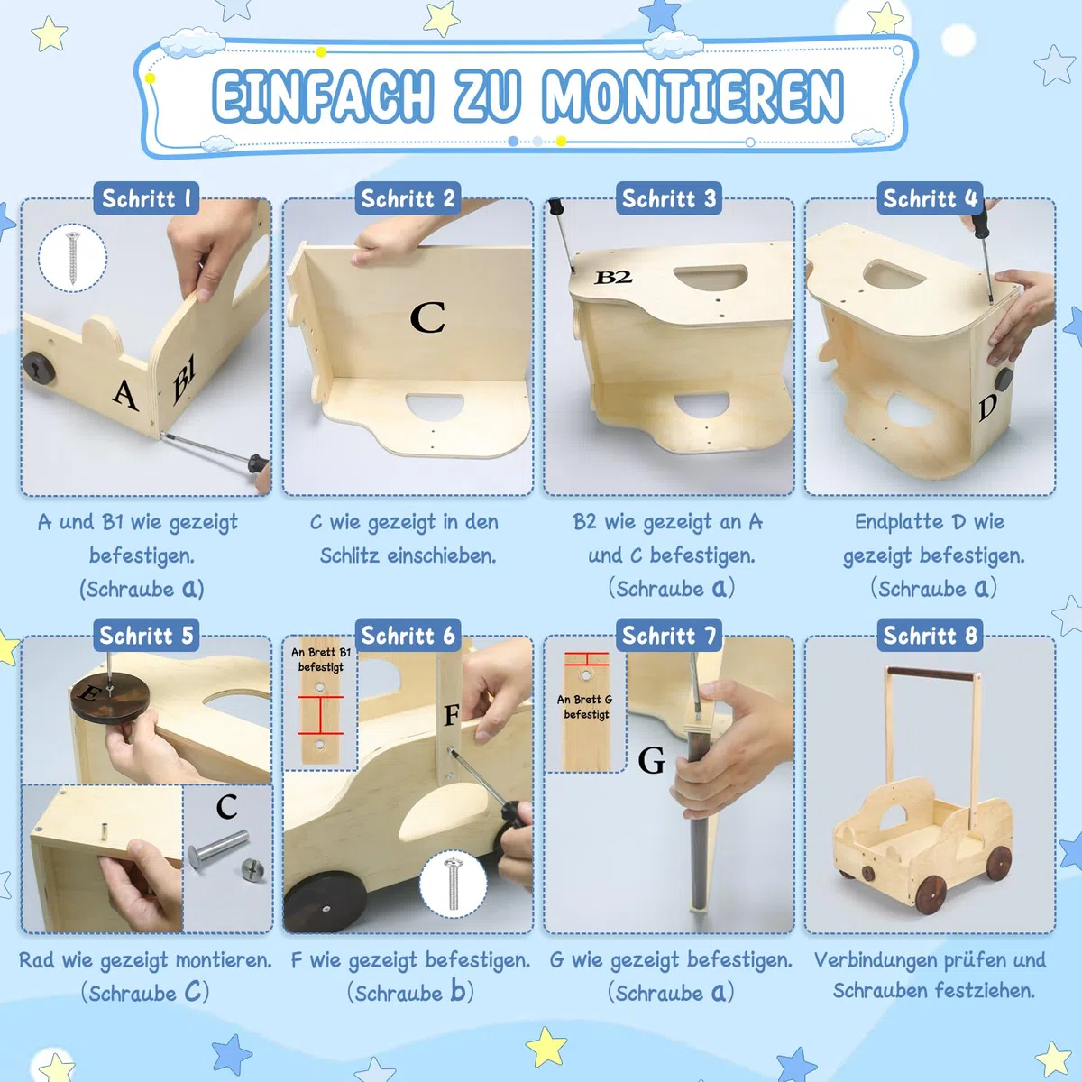 ONUEMP Cestino per bambini in legno con motivo orso, contenitore con ruote e maniglia, 40 x 30 x 58 cm, scatola regalo personalizzabile, per baby shower, legno naturale