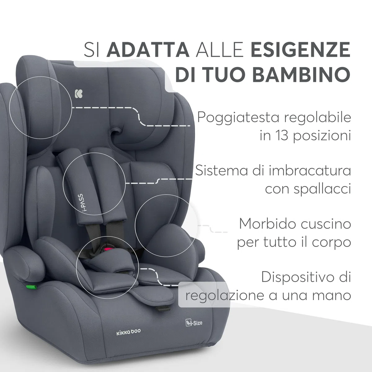 KikkaBoo Seggiolino Auto 9-36 kg i-PASS, Gruppo 1/2/3, Da 15 Mesi a 12 Anni, i-Size 76-150 cm, Poggiatesta Regolabile 13 Posizioni, Grigio