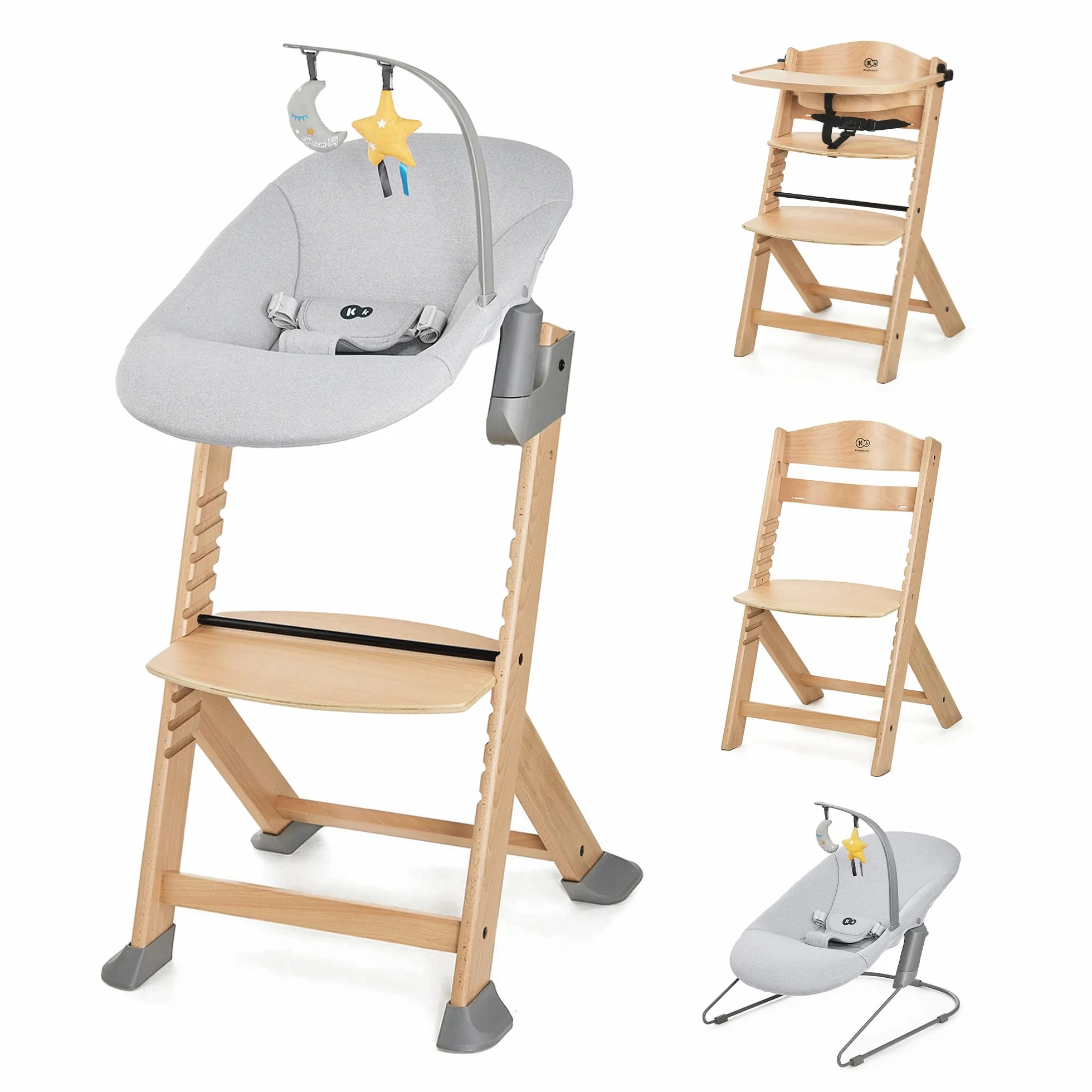 Kinderkraft ENOCK Seggiolone Pappa + Sdraietta CALMEE Legno Evolutivo Multifunzionale Sedia Ergonomica Altezza Regolabile 6 Mesi 10 Anni