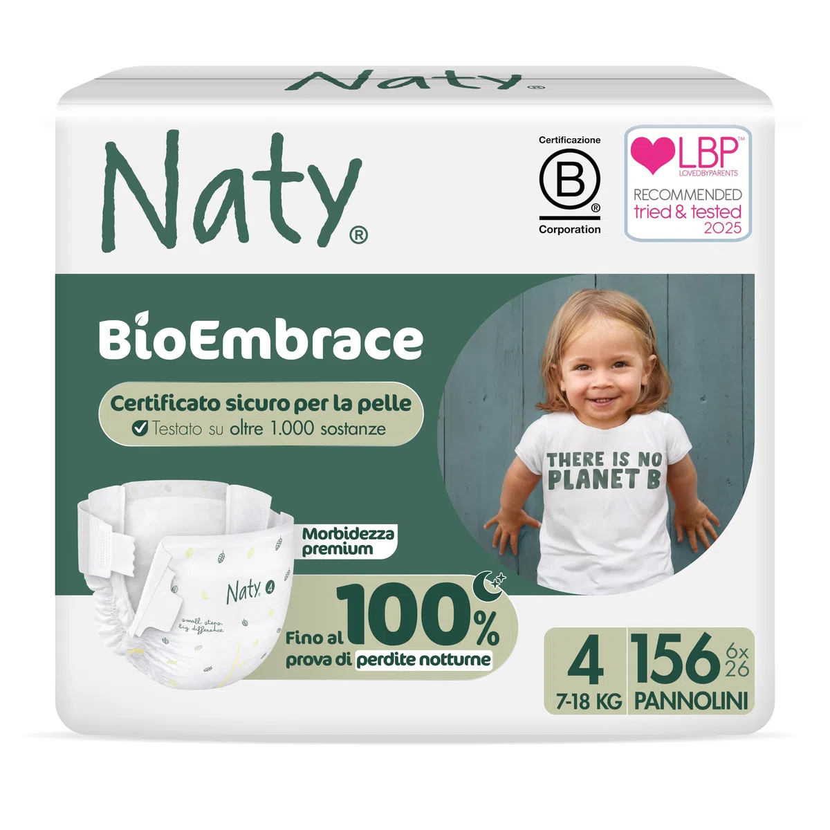 Naty BioEmbrace Pannolini per Bambini | Certificati per pelle sensibile | Protezione anti-perdite fino al 100% | Morbidezza vegetale | Senza profumo & cloro | Taglia 4 (7–18 kg), 156 pz