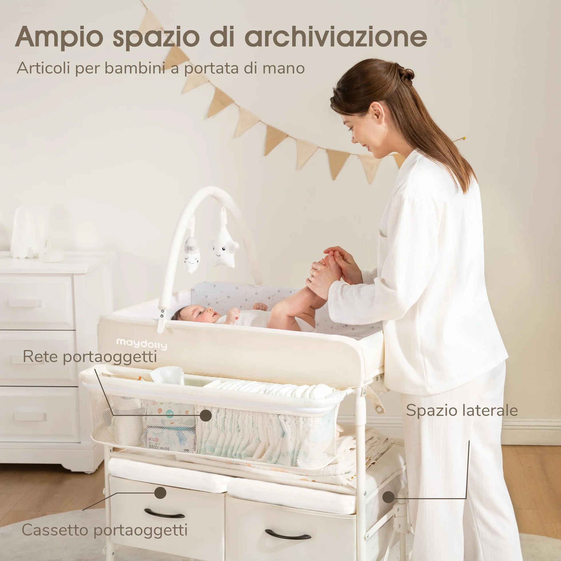 Maydolly Fasciatoio Portatile Pieghevole Neonato Altezza Regolabile Ruote Bloccabili 2 Cestelli Materassino Impermeabile Beige