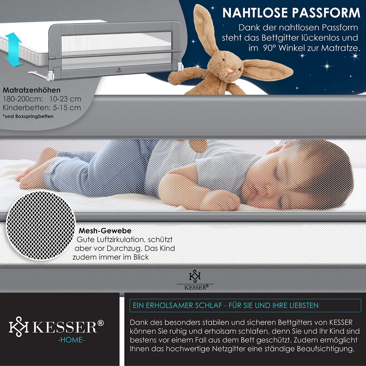 KESSER® Sponda da letto Protezione per letto Sponda da letto bambini Sponda da culla Barriera letto per bambini, Grigio chiaro - 180cm