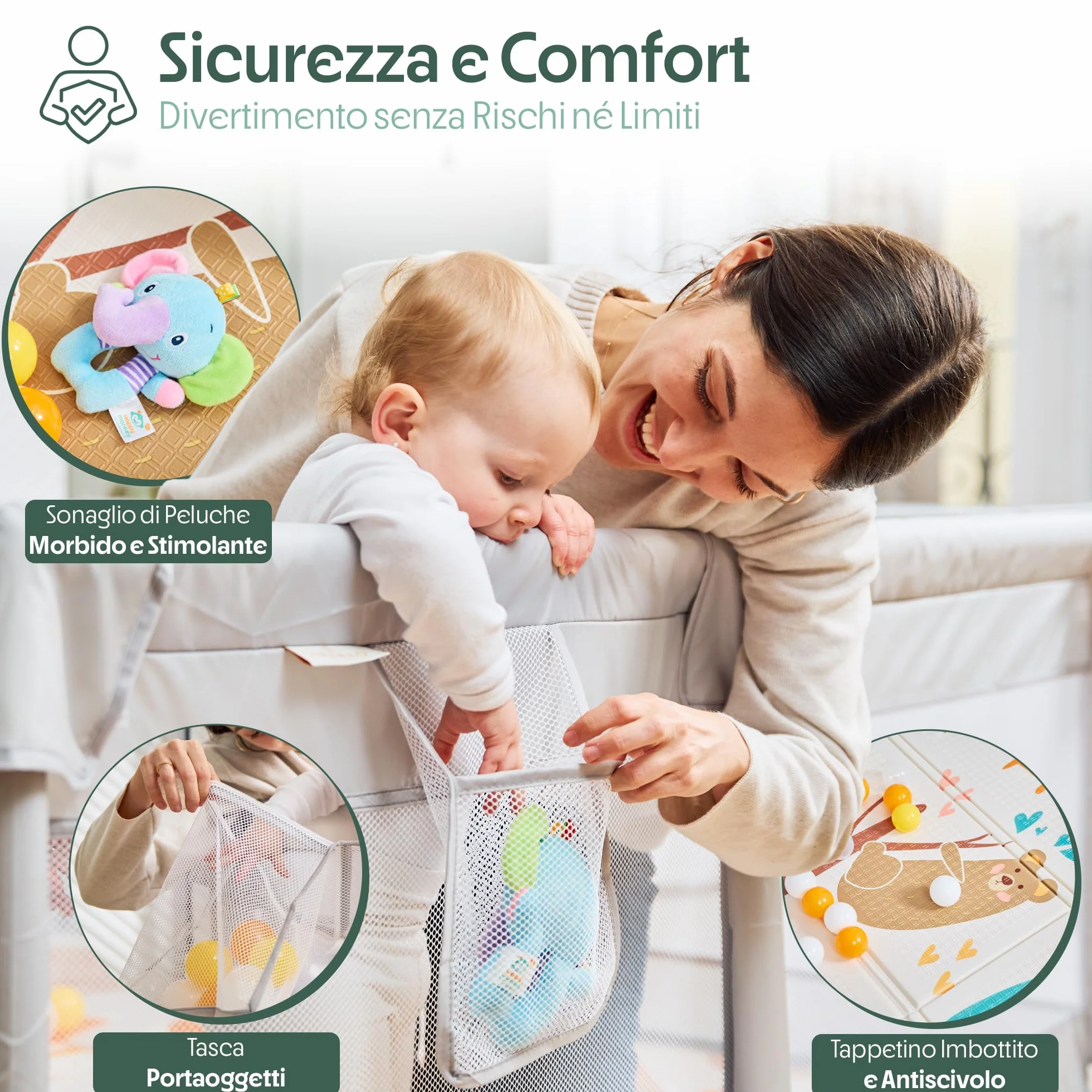 Box Bambini 150x150cm Recinto Gioco Imbottito con Tappetino Reversibile Peluche Sonaglio Sensoriale