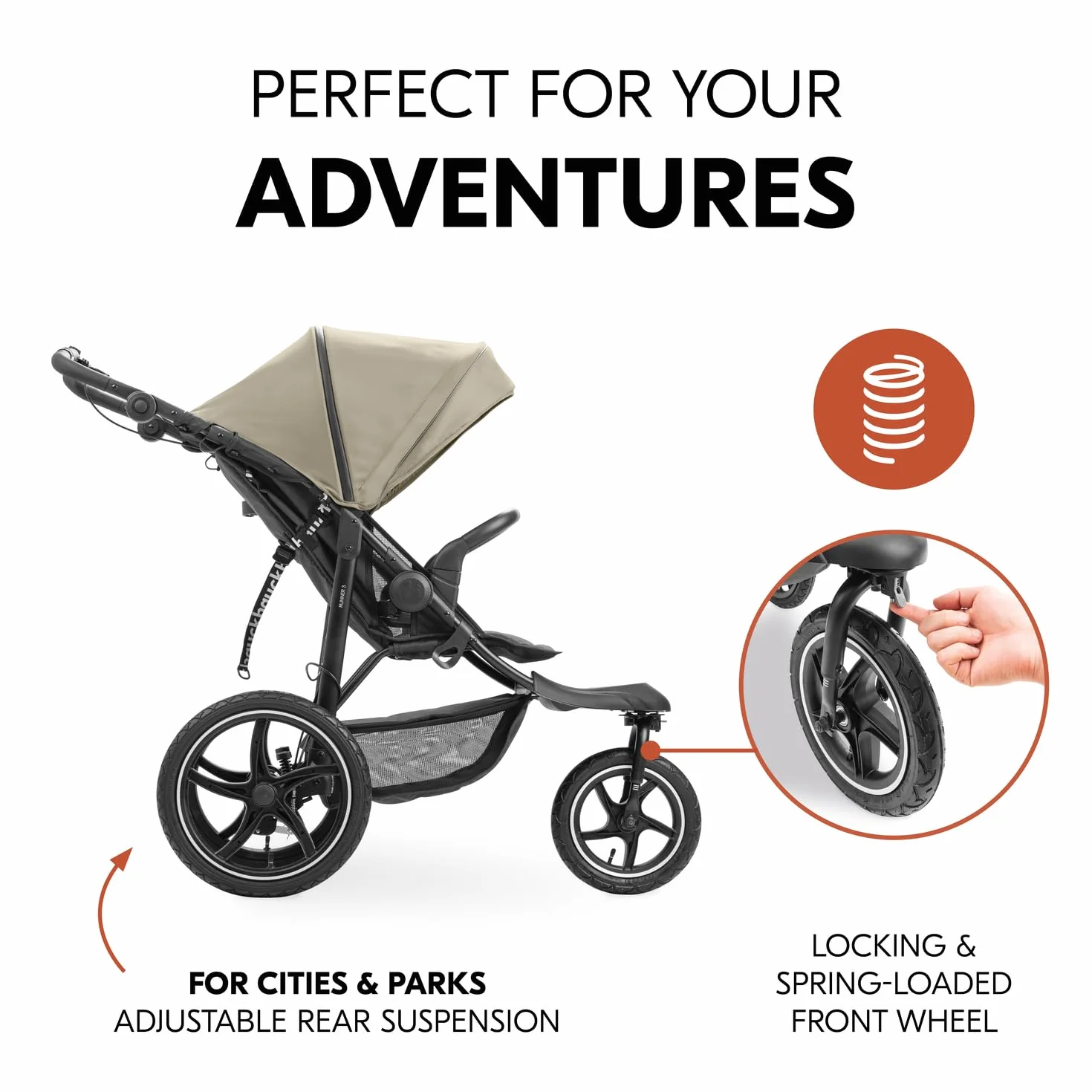 hauck Runner 3 Passeggino robusto per tutti i terreni con freno a mano, cappa parasole XL, portabicchieri, parapioggia, ruote pneumatiche XL, schienale reclinabile fino a 22 kg