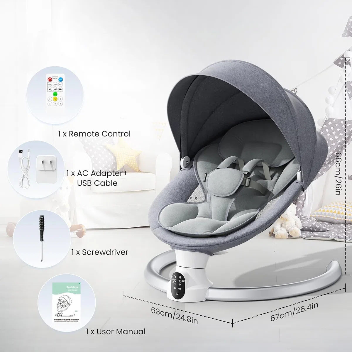 Operazione APP Sdraietta Neonati, Imbracatura a 5-Punti Migliorata Altalena Neonato Elettrica con 3 Timer, 5 Velocità di Altalena, Sdraietta Neonati Bluetooth Imbottita Morbida 0-9kg (Grigio)