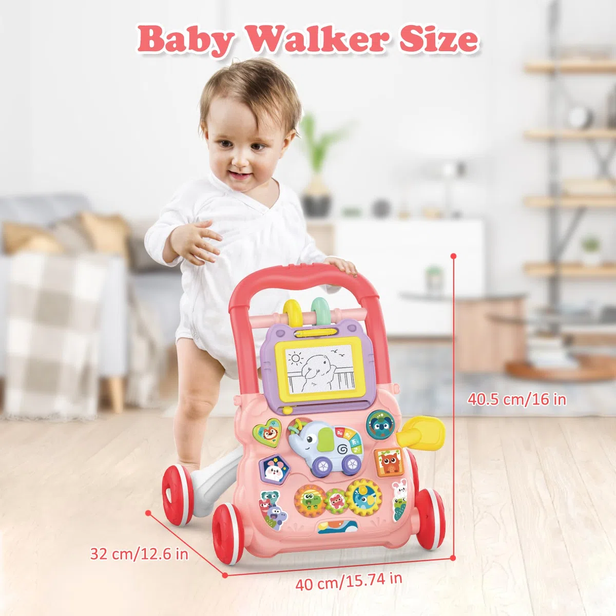 Camminatore per Bambini da Seduto a in Piedi, 2 In 1 Giocattolo a Spinta Bambini con Musica e Lavagna da Disegno, Centro di Attività Educativa Precoce Multifunzionale per Neonati 12M+ (Rosa)