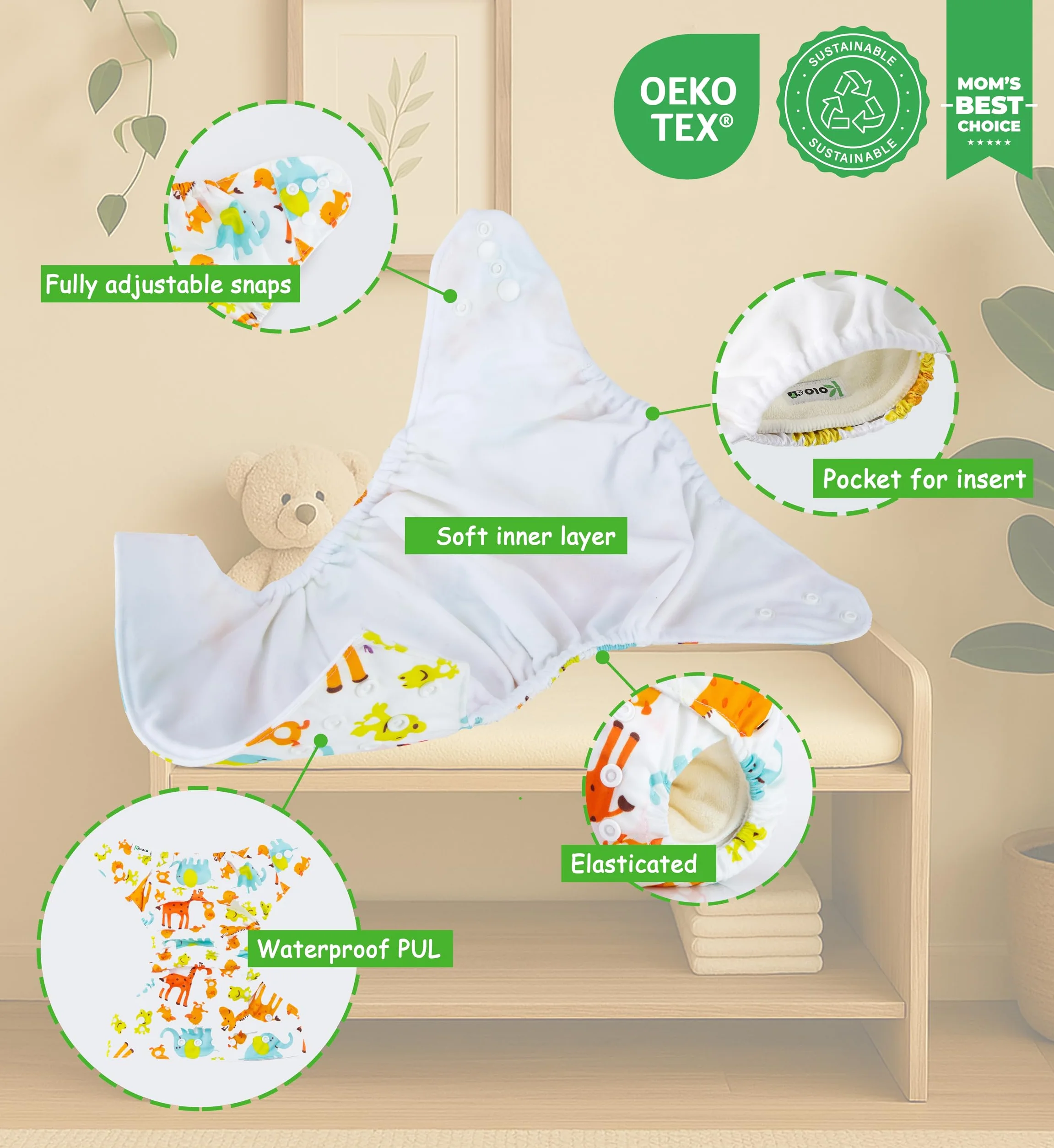 Set di 6 Pannolini Lavabili Riutilizzabili per Bambini e Neonati con Inserti in Bambù e Wetbag Oeko Tex Standard 100
