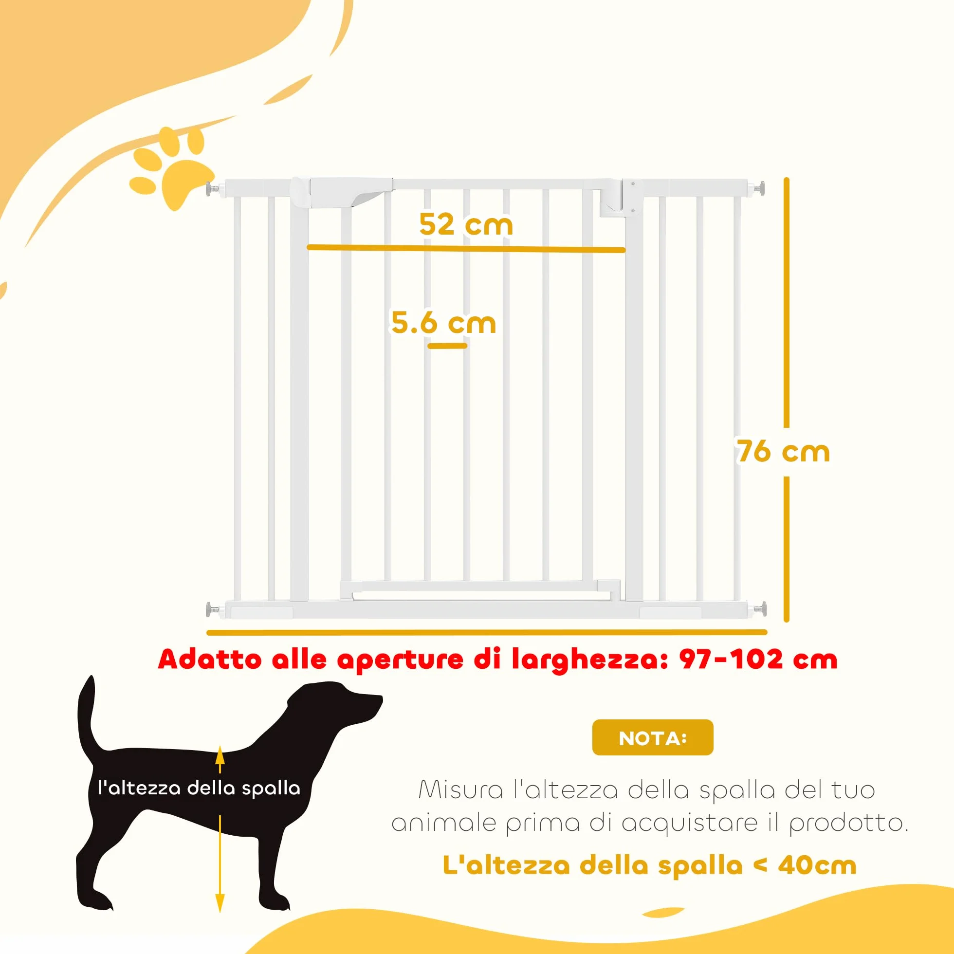 PawHut Cancelletto di Sicurezza per Bambini Cani, Estensibile 76-102 cm, Alto 76 cm, Cancellino per Cani, Scale Porte, Chiusura Automatica, Fissaggio a Pressione Senza Fori, Apertura a Due Vie, Bianco
