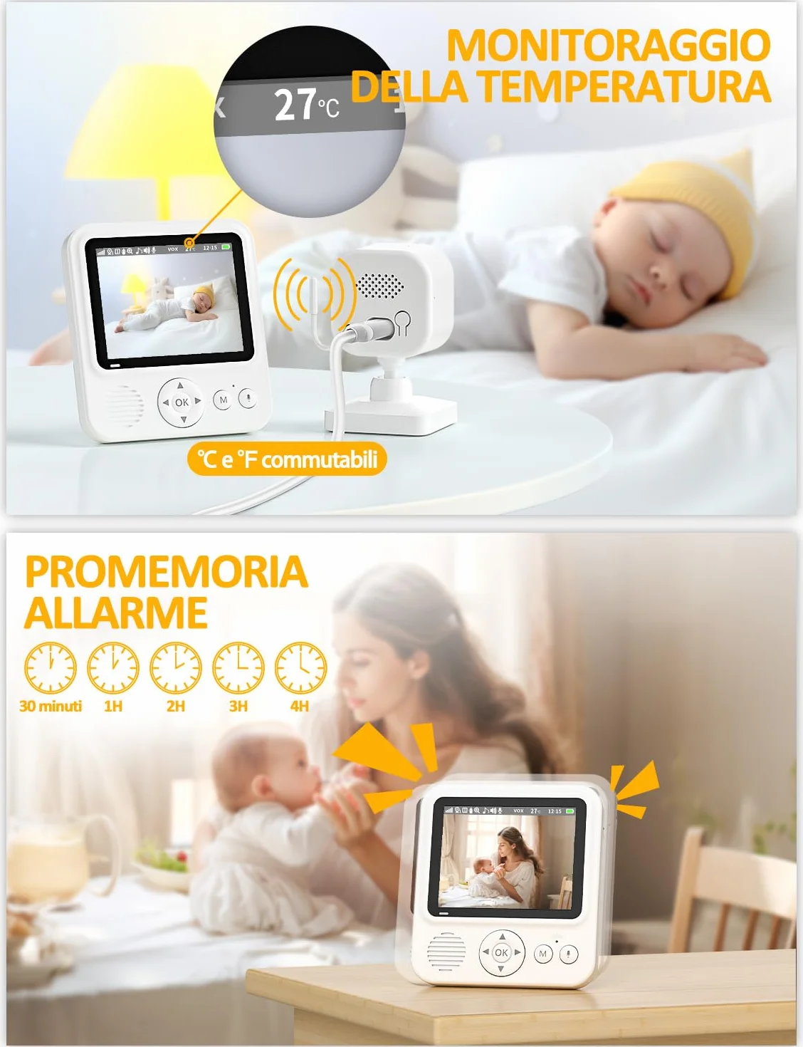Baby Monitor Video e Audio 2,8" 720P LCD IPS 2000mAh USB-C con Zoom Digitale VOX Visione Notturna Comunicazione Bidirezionale