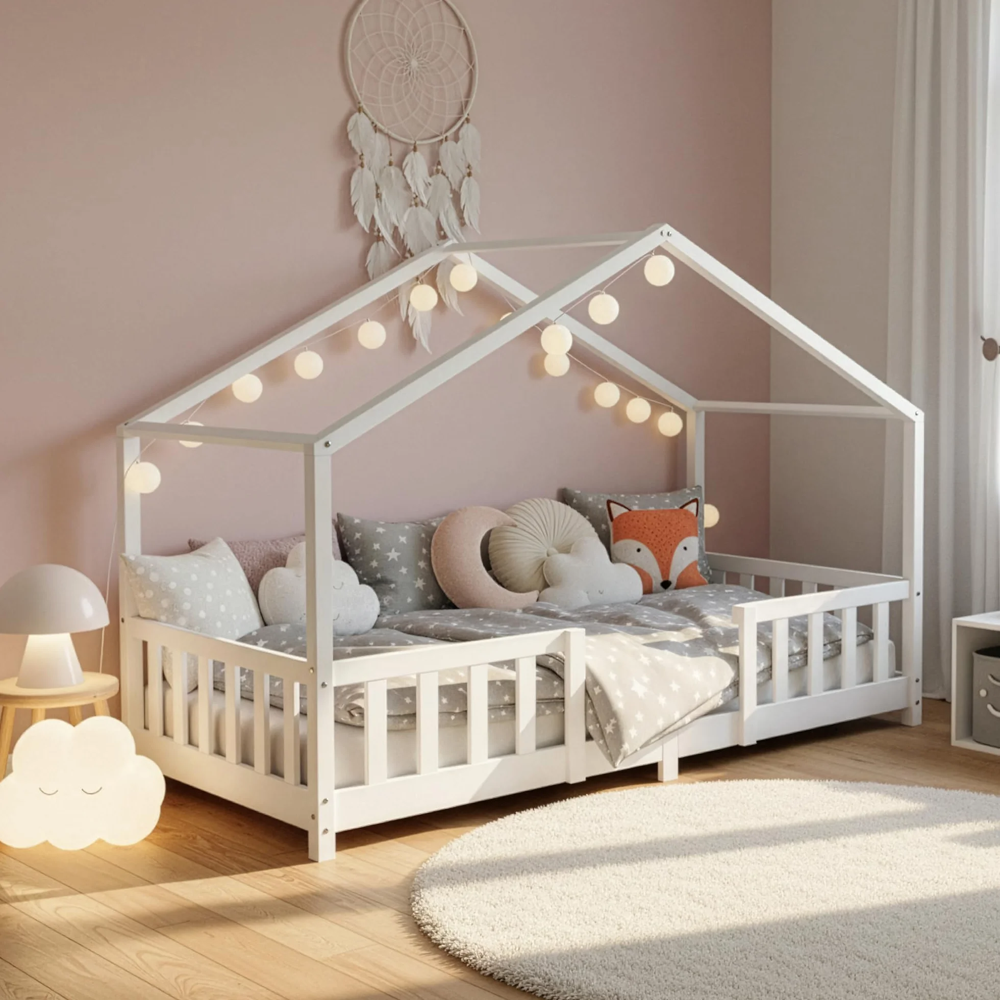 Letto a Forma di Casetta per Bambini in Legno di Pino 90x200 cm Bianco