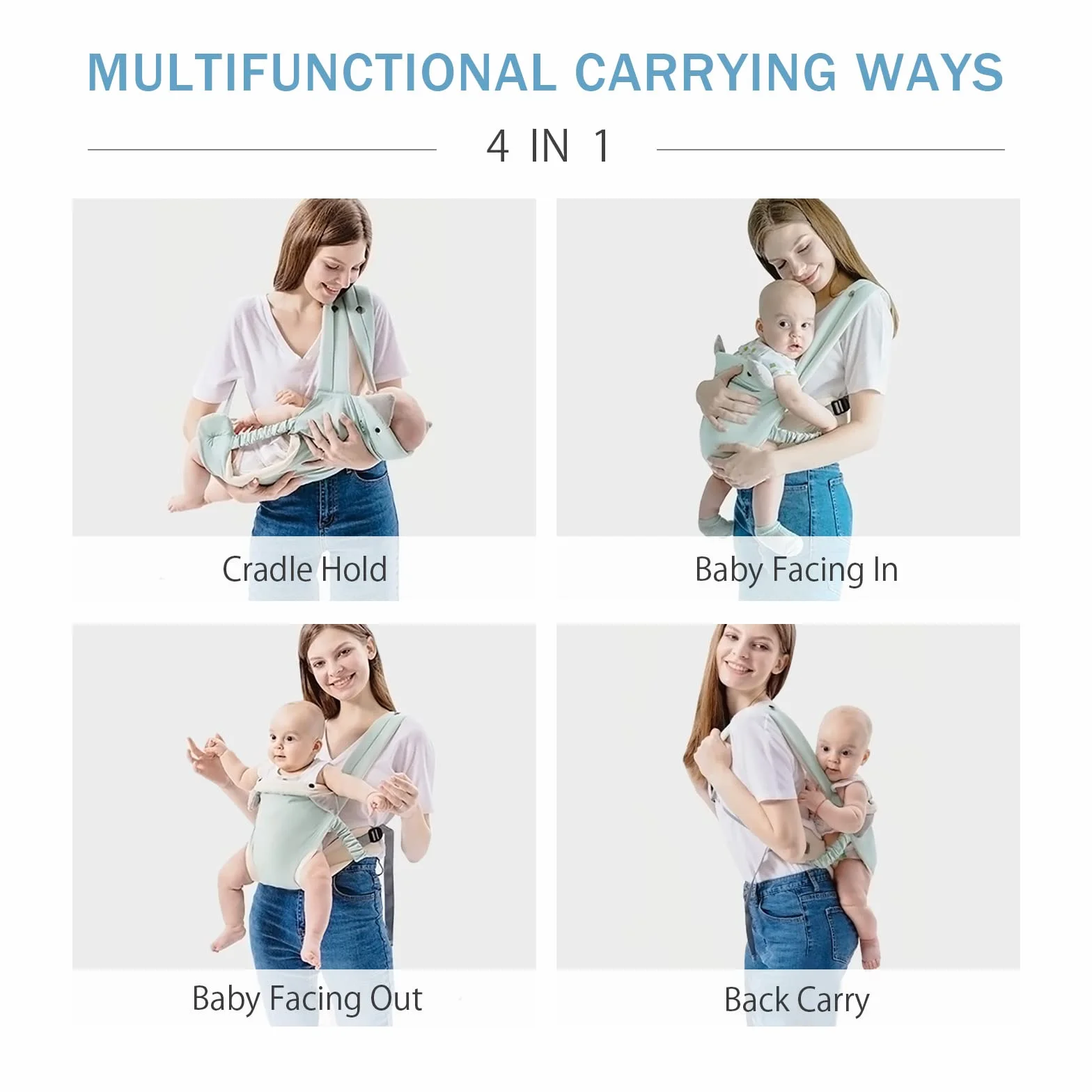 SONARIN 4-in-1 Marsupio Neonati Leggero,Morbido Cotone Portantina Bebè Traspirante Porta Bambino Ergonomico,Regolabile per Neonati e Bambini 0-36 Mesi,Tutte le Posizioni(Grigio)